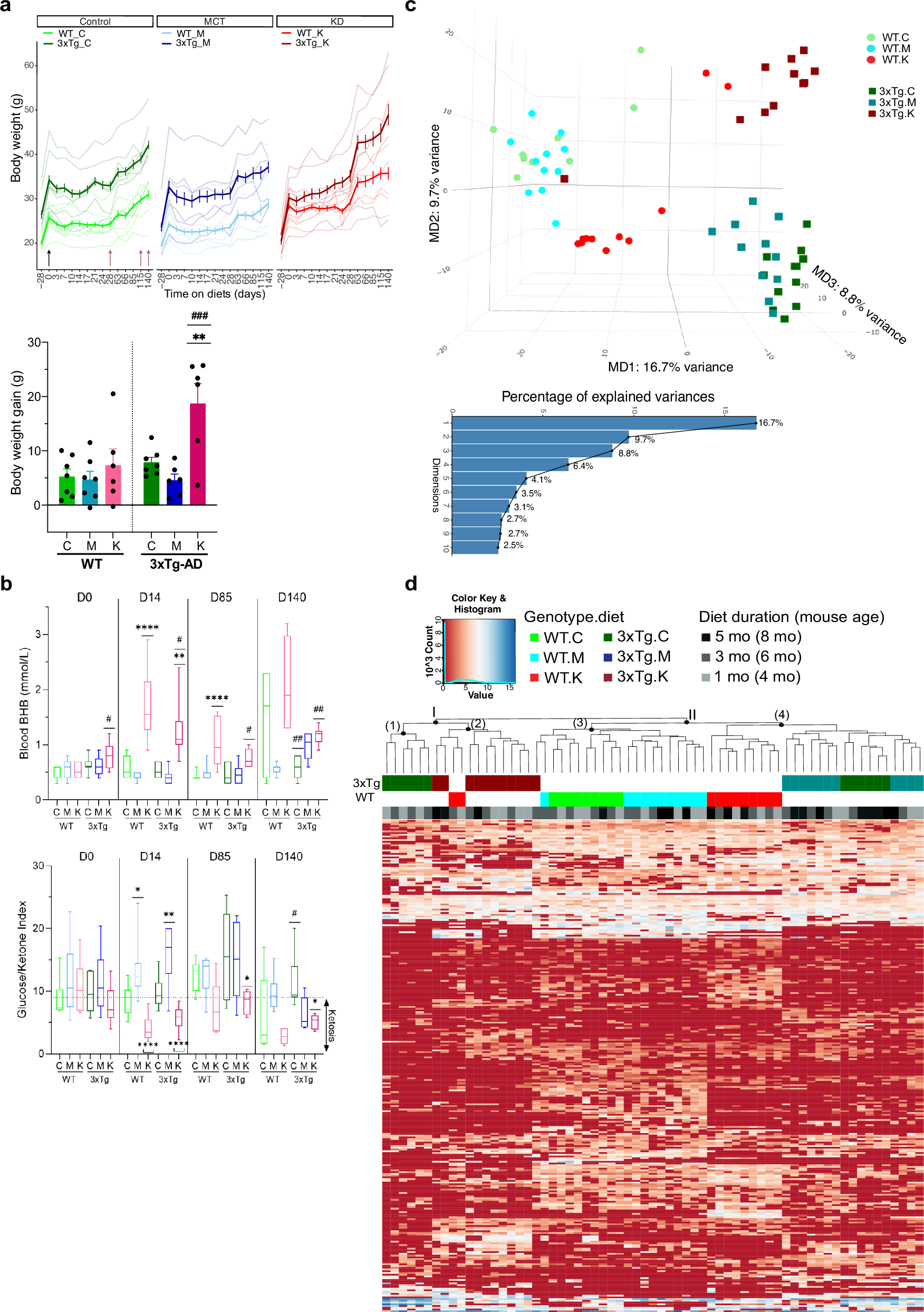 Fig. 1: KD, in contrast with MCT, induced a marked gut microbiome shift while inducing selective metabolic changes in 3xTg-AD mice.