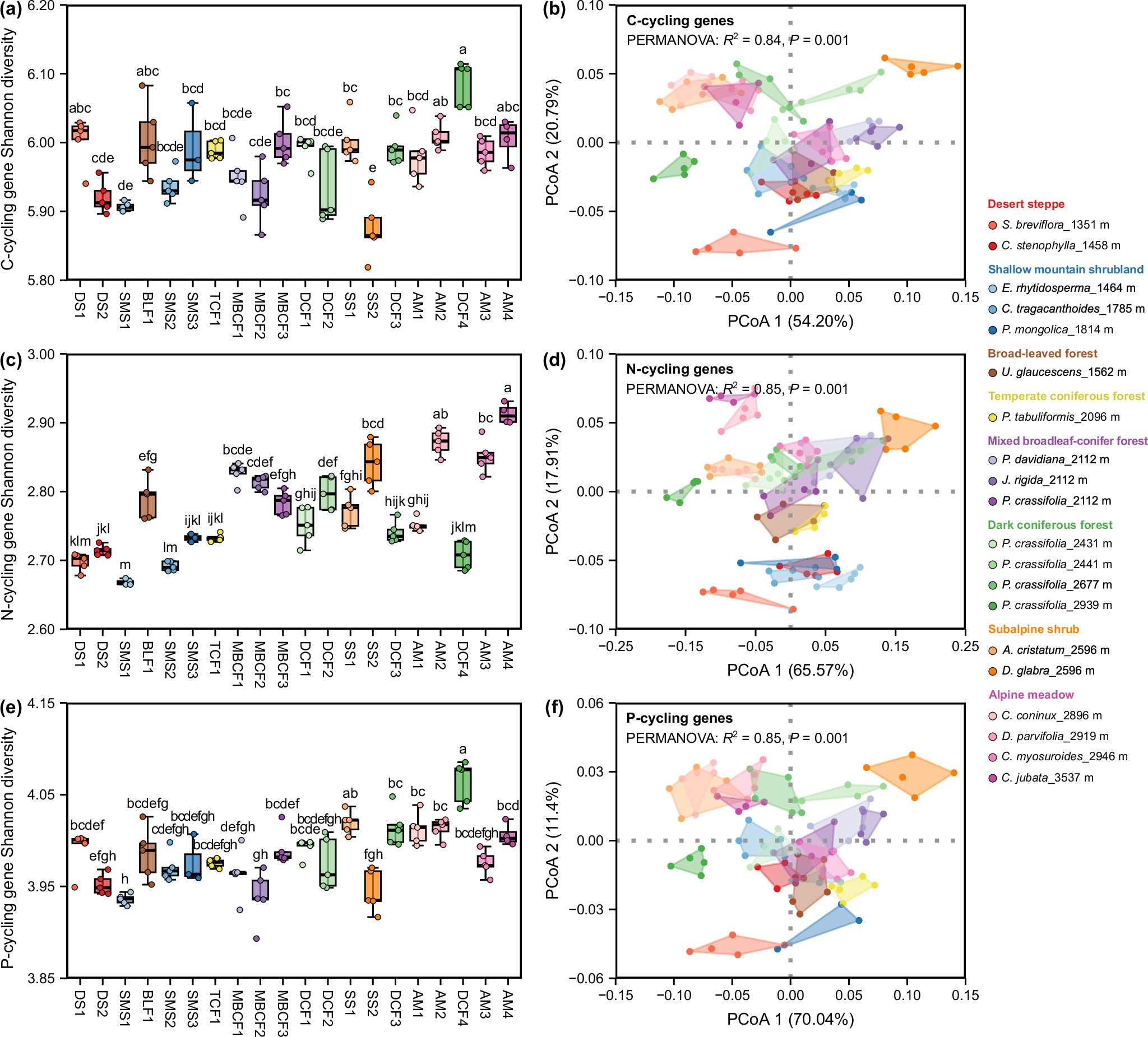Fig. 2: Diversity and composition of rhizosphere microbial functional genes across dominant plant populations.