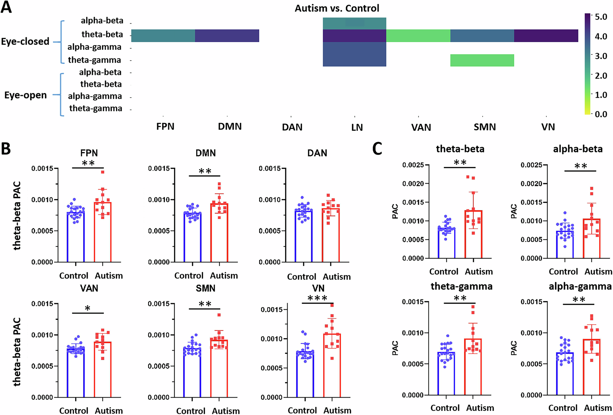 Fig. 2: Within-network PAC comparisons under placebo conditions.
