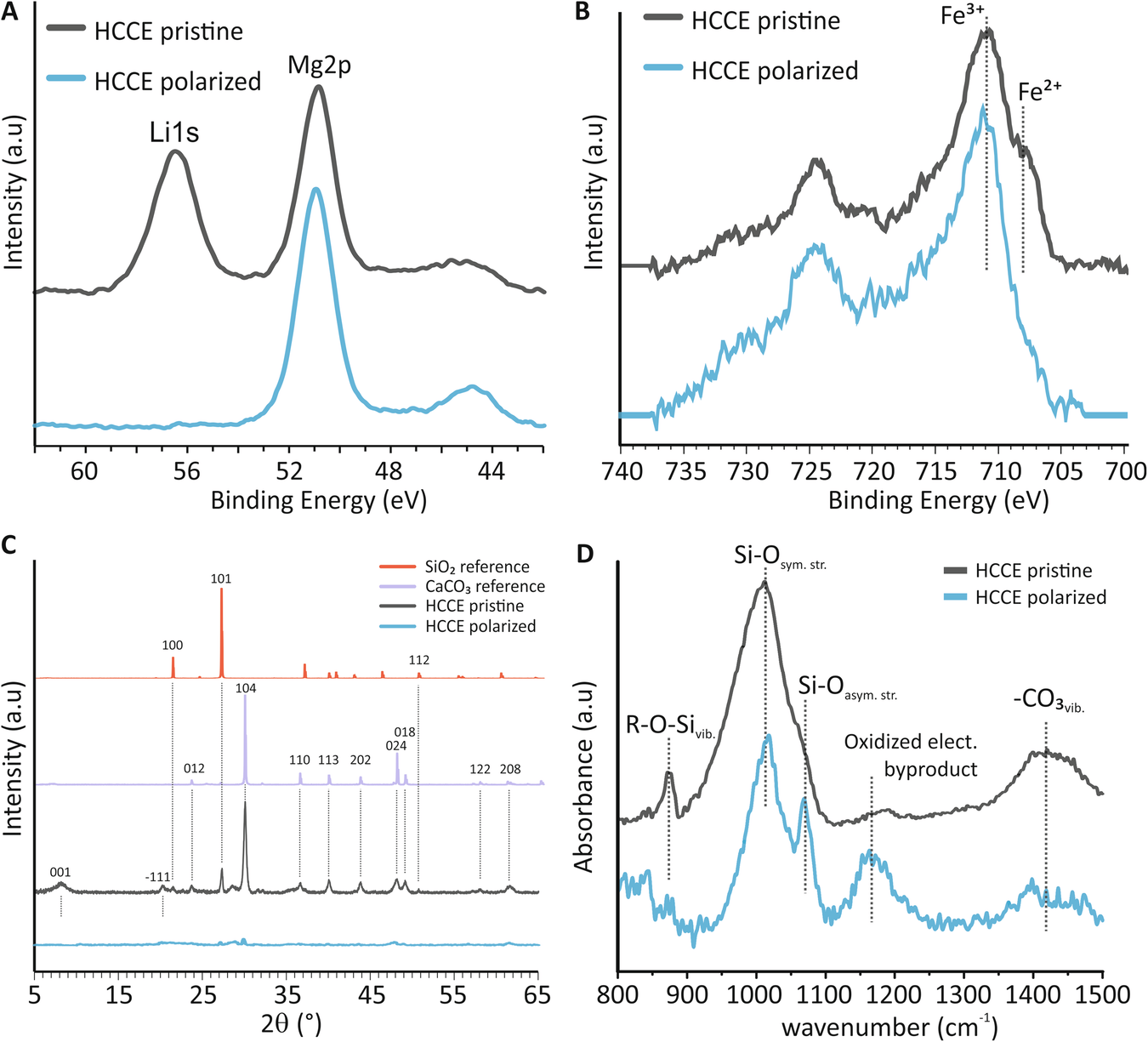 Fig. 3: Structural and morphological analysis of pristine and polarized HCCEs.