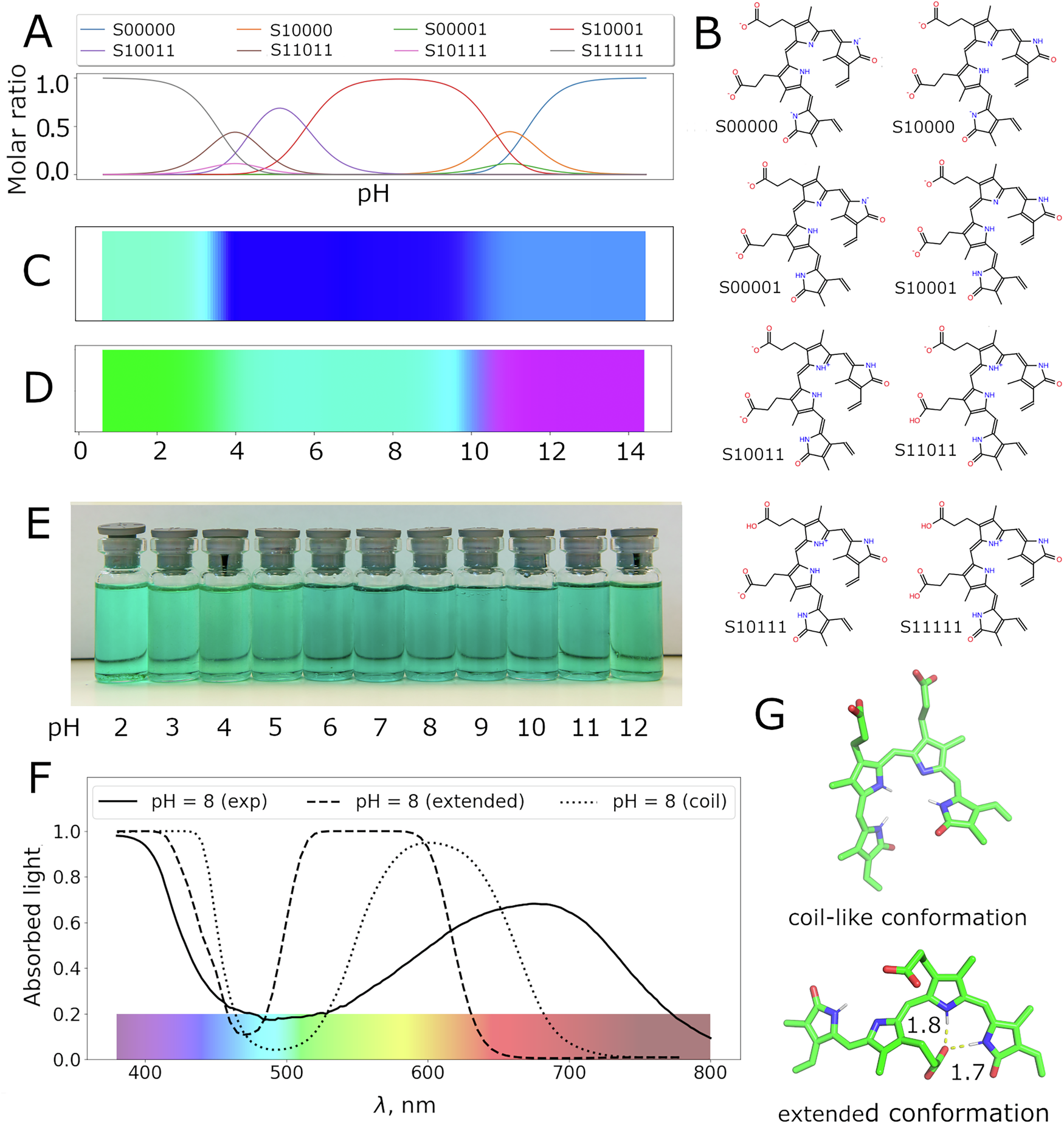 Fig. 5: Colour prediction for biliverdin in water and comparison with experimental data.