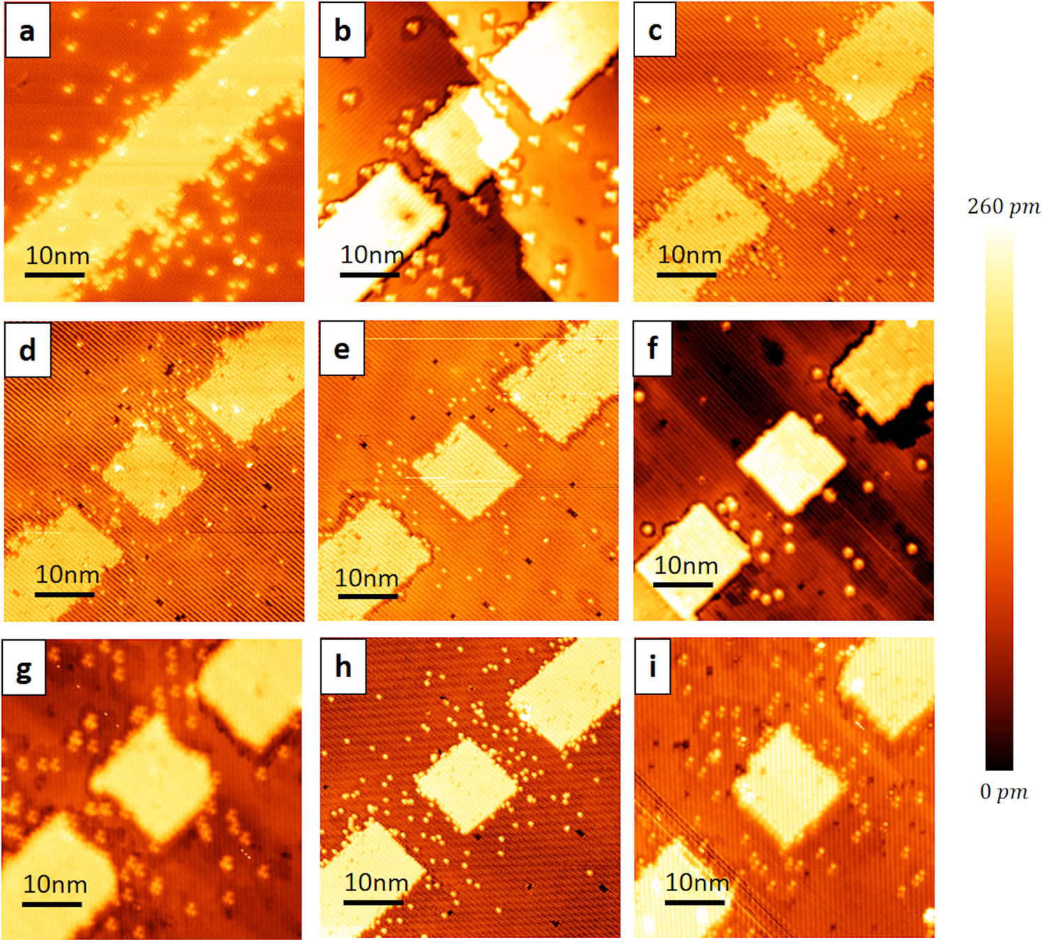 Fig. 3: High-resolution scanning tunneling microscope (STM) topography images of the hydrogen-lithography patterns.