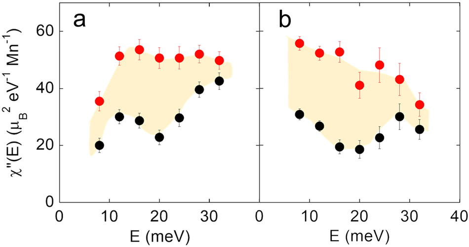 Fig. 4: Q-integrated dynamical spin susceptibility χ”(E) as a function of energy.
