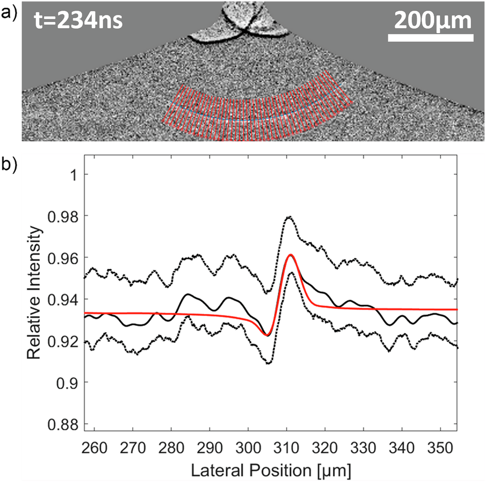 Fig. 4: Illustration of a cutline extraction algorithm which converts the two-dimensional XPCI frame of the shock front into a one-dimensional intensity plot.