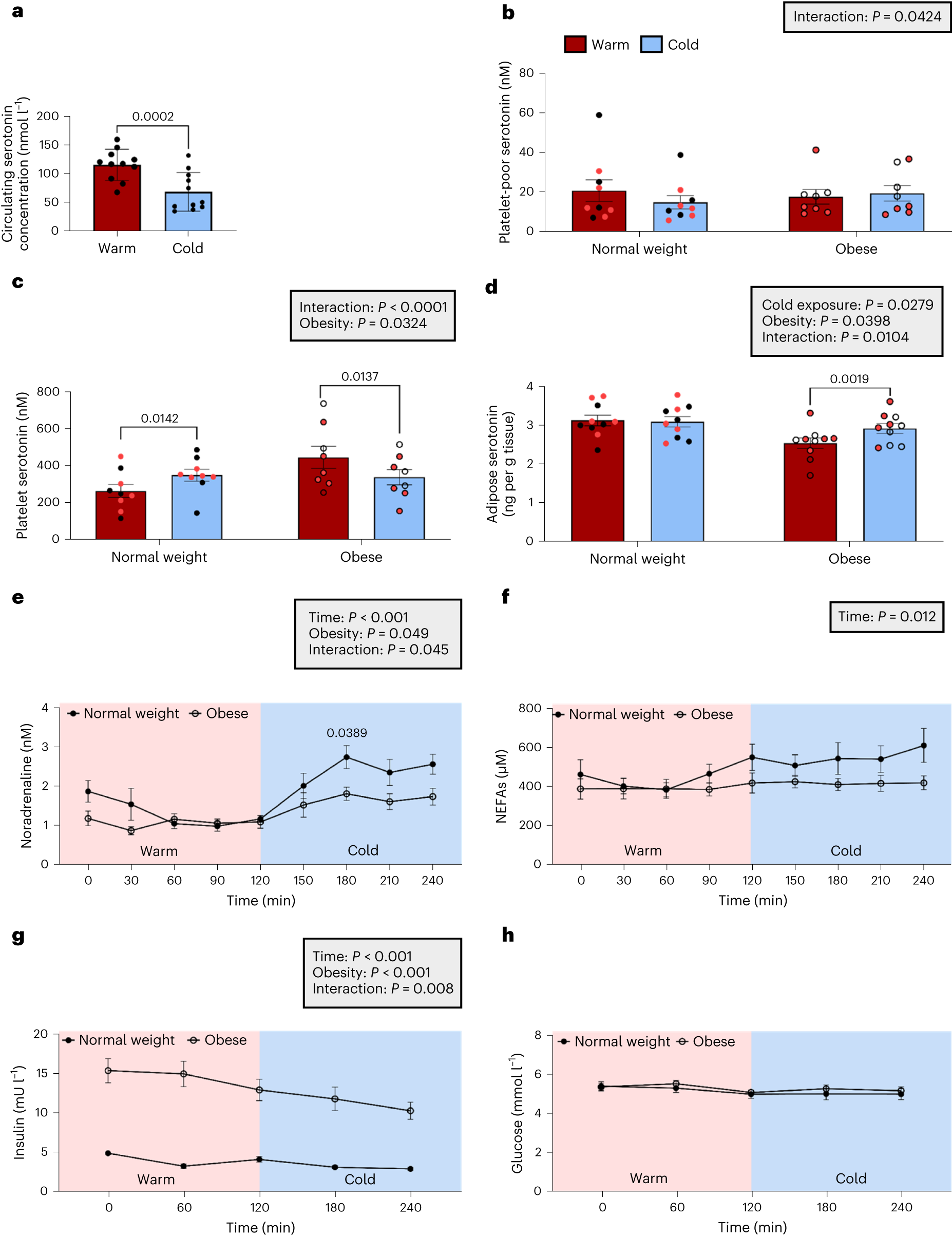 Fig. 5: Obesity alters circulating and adipose serotonin concentrations during cold exposure in humans.