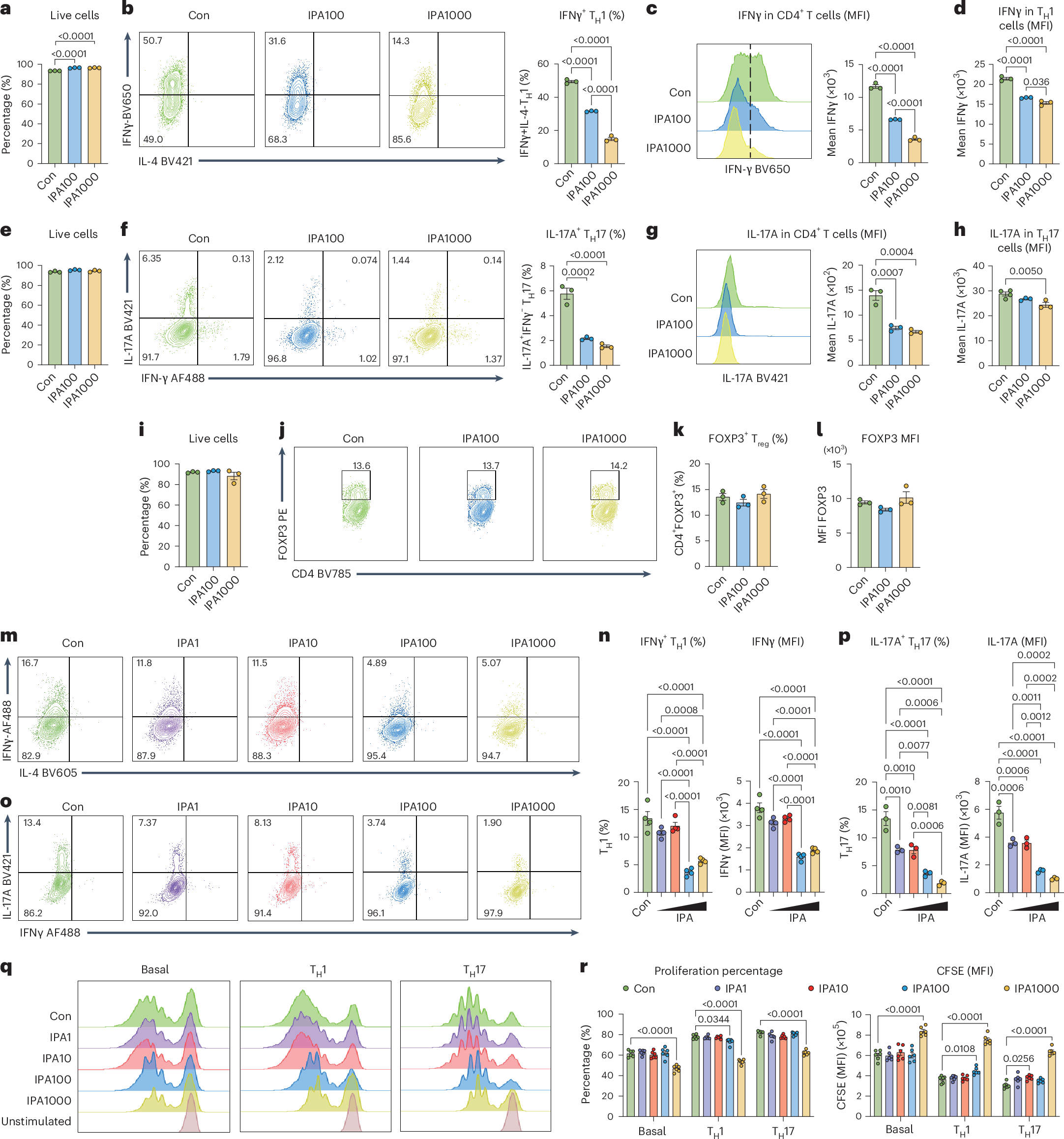 Fig. 4: IPA inhibits TH1 and TH17 cell differentiation without altering the Treg cell phenotype.