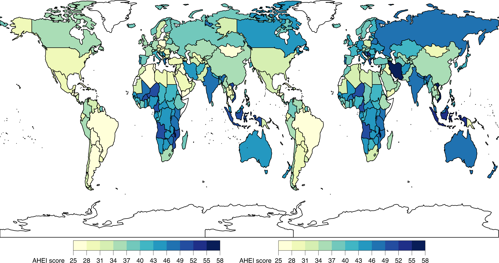 Fig. 2: National mean AHEI scores among children (left) and adults (right) in 2018.