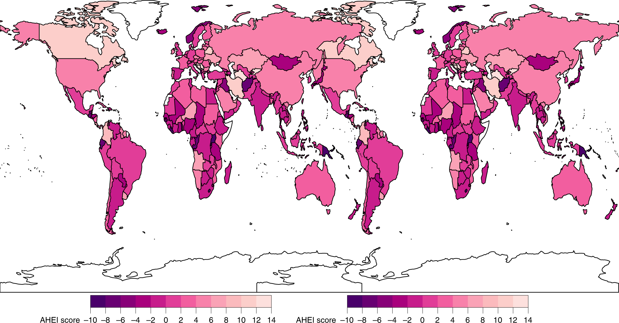 Fig. 7: National mean absolute change in AHEI scores among children (left) and adults (right) between 1990 and 2018.