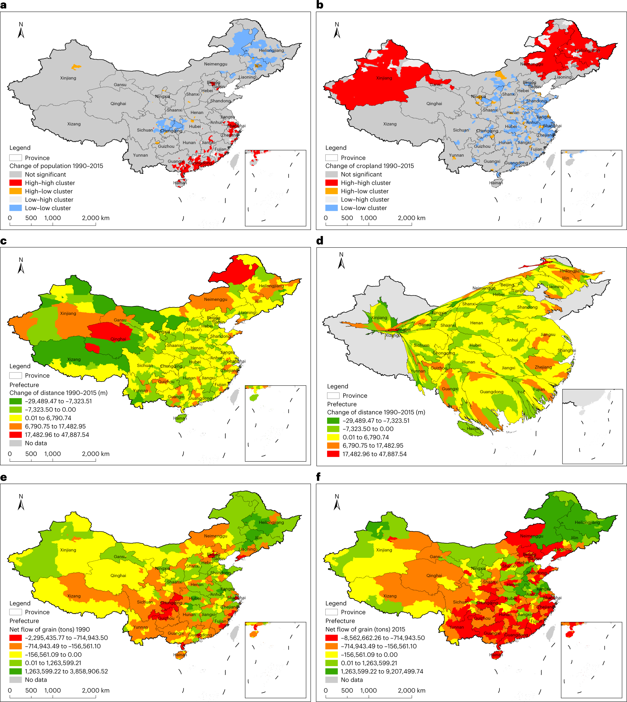 Croplands associated with interregional trade; the color of the regions