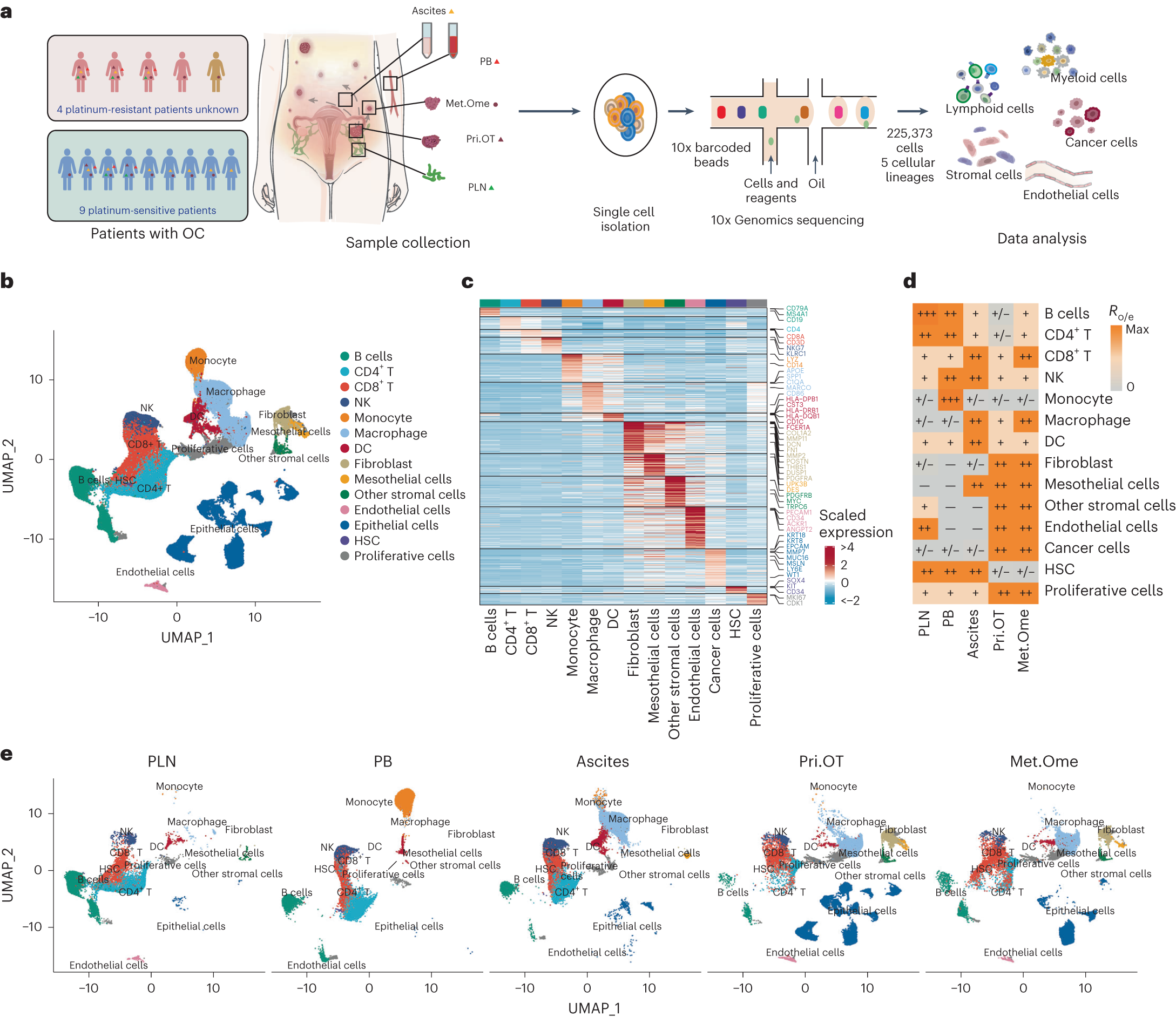 Fig. 1: Landscape of advanced ovarian cancer via scRNA-seq of five sites.