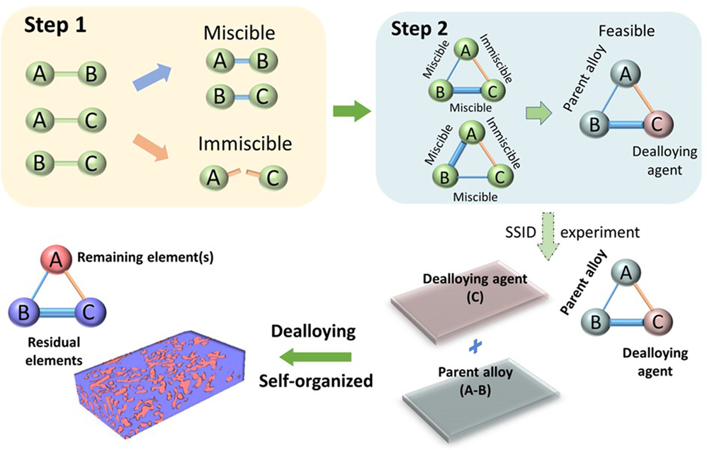 Fig. 2: Schematic of ML predictions of miscible/immiscible pairs and ternary dealloying systems.