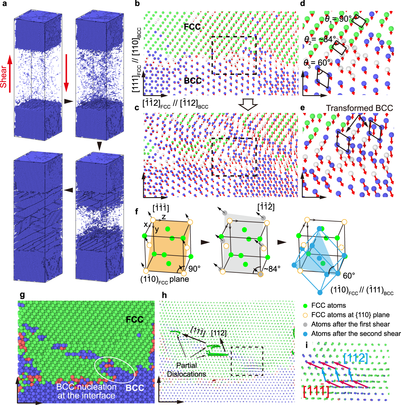 Fig. 5: The molecular dynamics simulation results revealing phase transformation mechanism of the Al18Co30Cr11Fe11Ni30 eutectic high entropy alloy.
