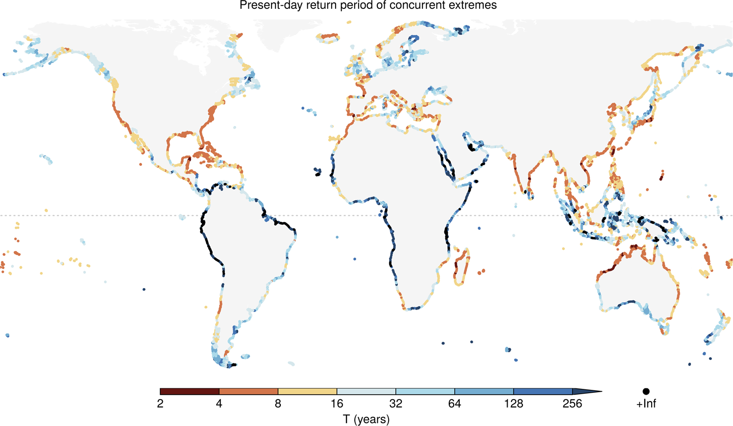 Fig. 1: Present-day return period of concurrent extremes in precipitation and meteorological tide.