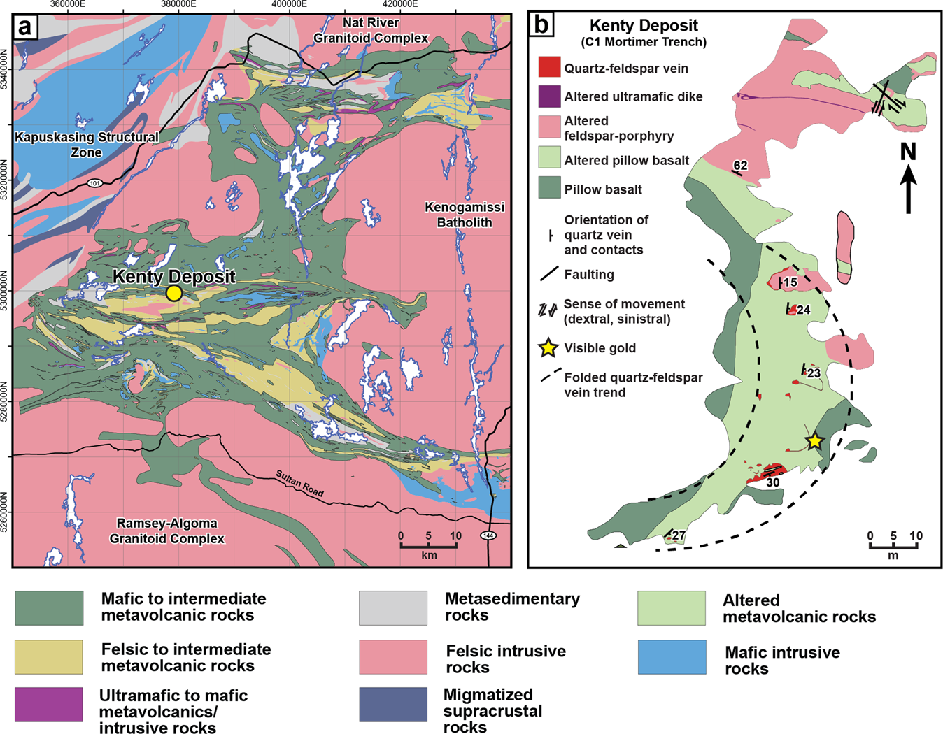 a Geologic map of the environs of the gold deposits and