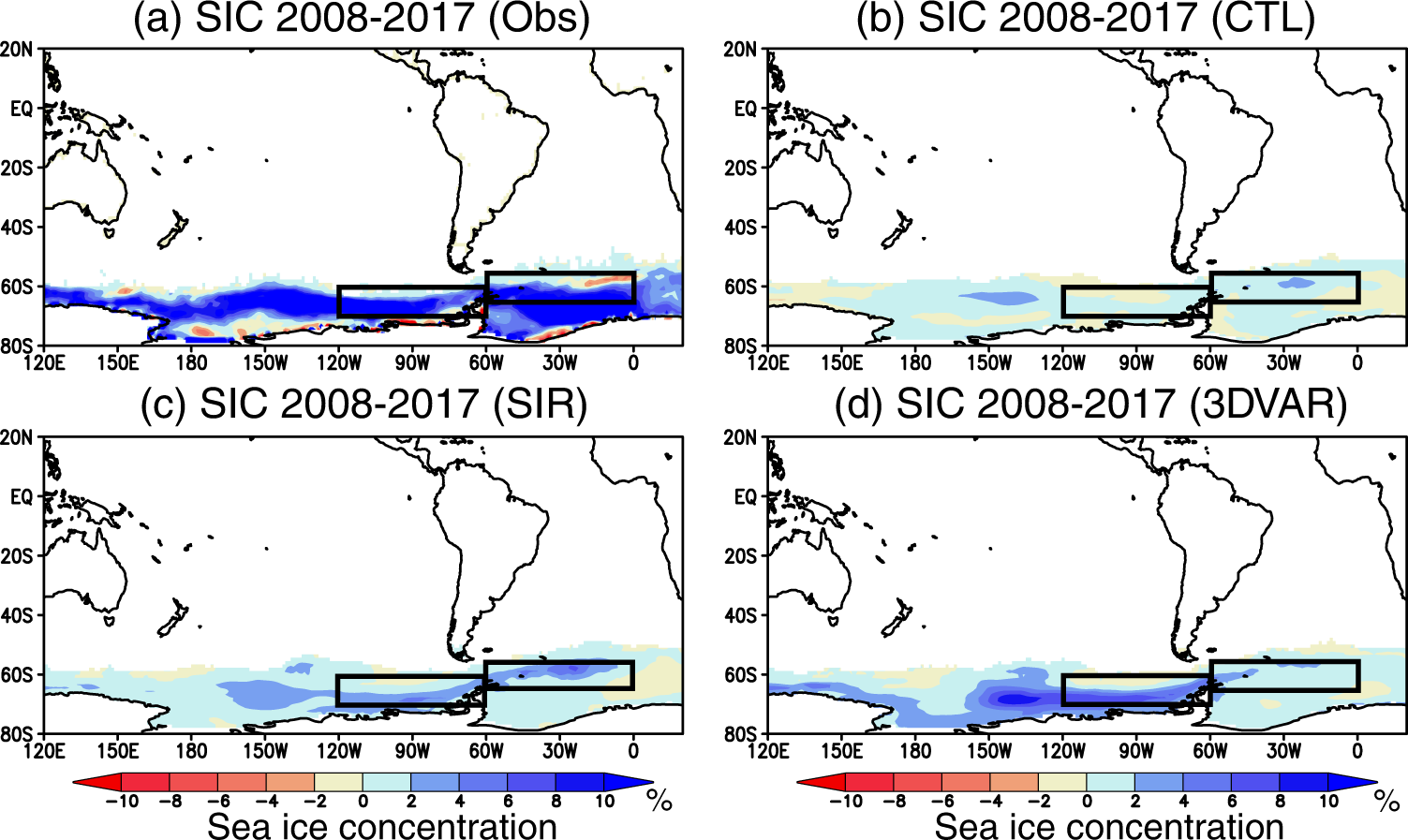 Fig. 3: Sea ice concentration (SIC) anomalies during a high sea ice period (2008–2017).