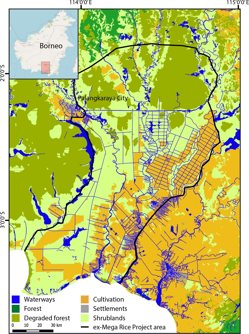 Study area map. Land cover map showing the whole study area (edge of map) circa 2015 as well as the ex-Mega Rice Project (EMRP) area (black outline). Inset map of Borneo provided by OpenStreetMap.