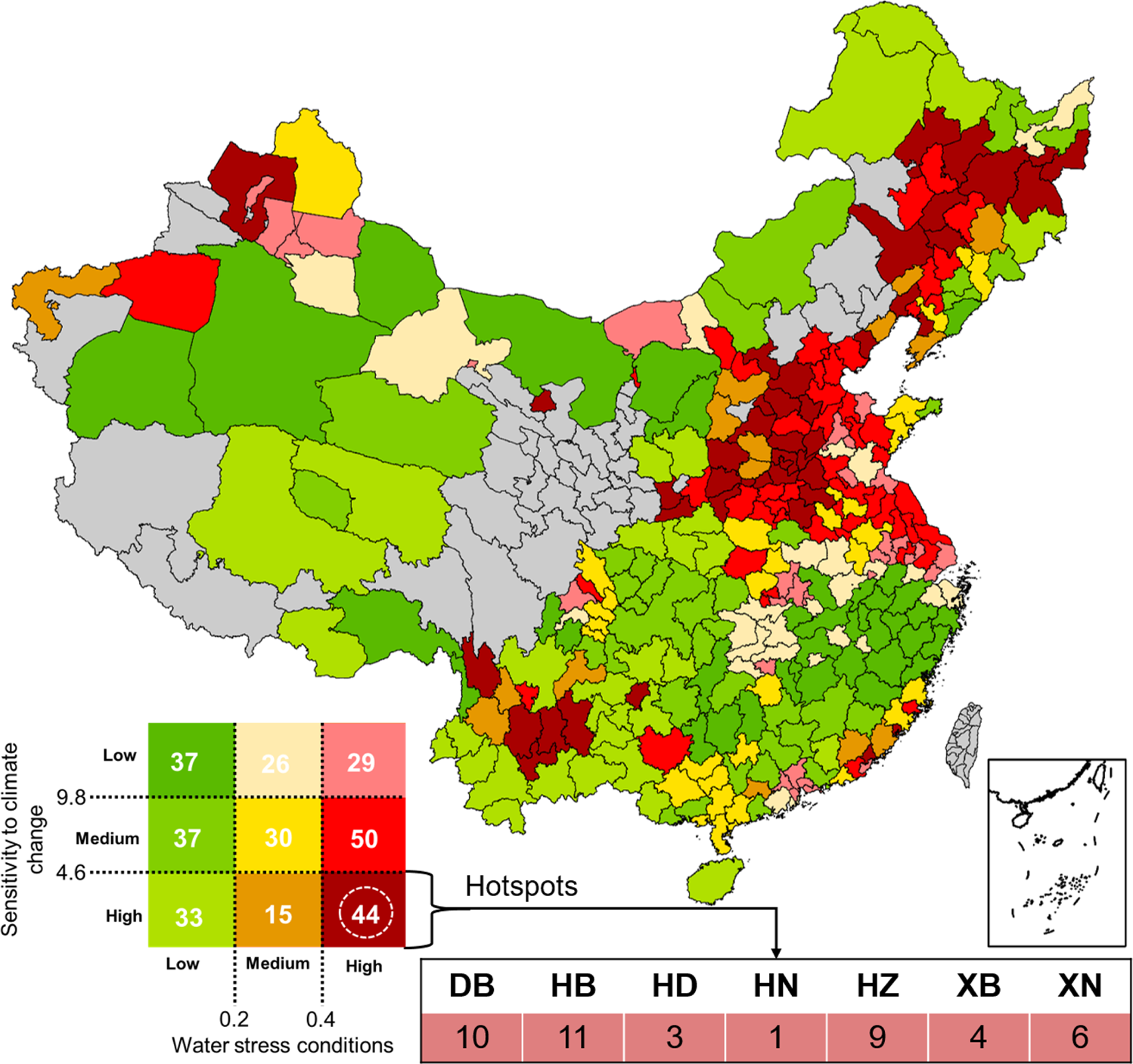 Fig. 2: Co-occurrence of water scarcity and climate sensitivity at the prefecture level.