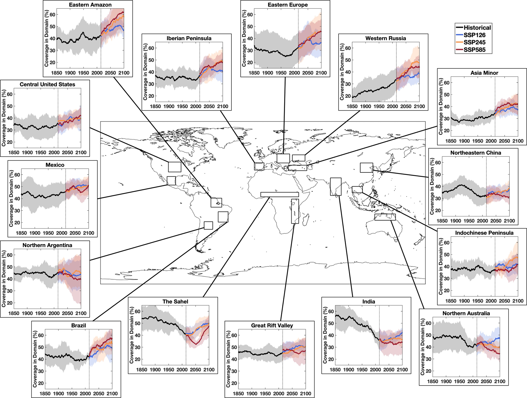 Fig. 2: Yearly flash drought occurrence over hotspot regions.