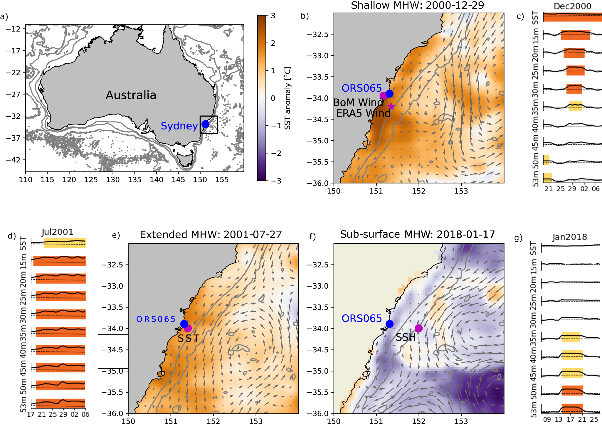 Seasonal stratification and complex local dynamics control the sub-surface  structure of marine heatwaves in Eastern Australian coastal waters