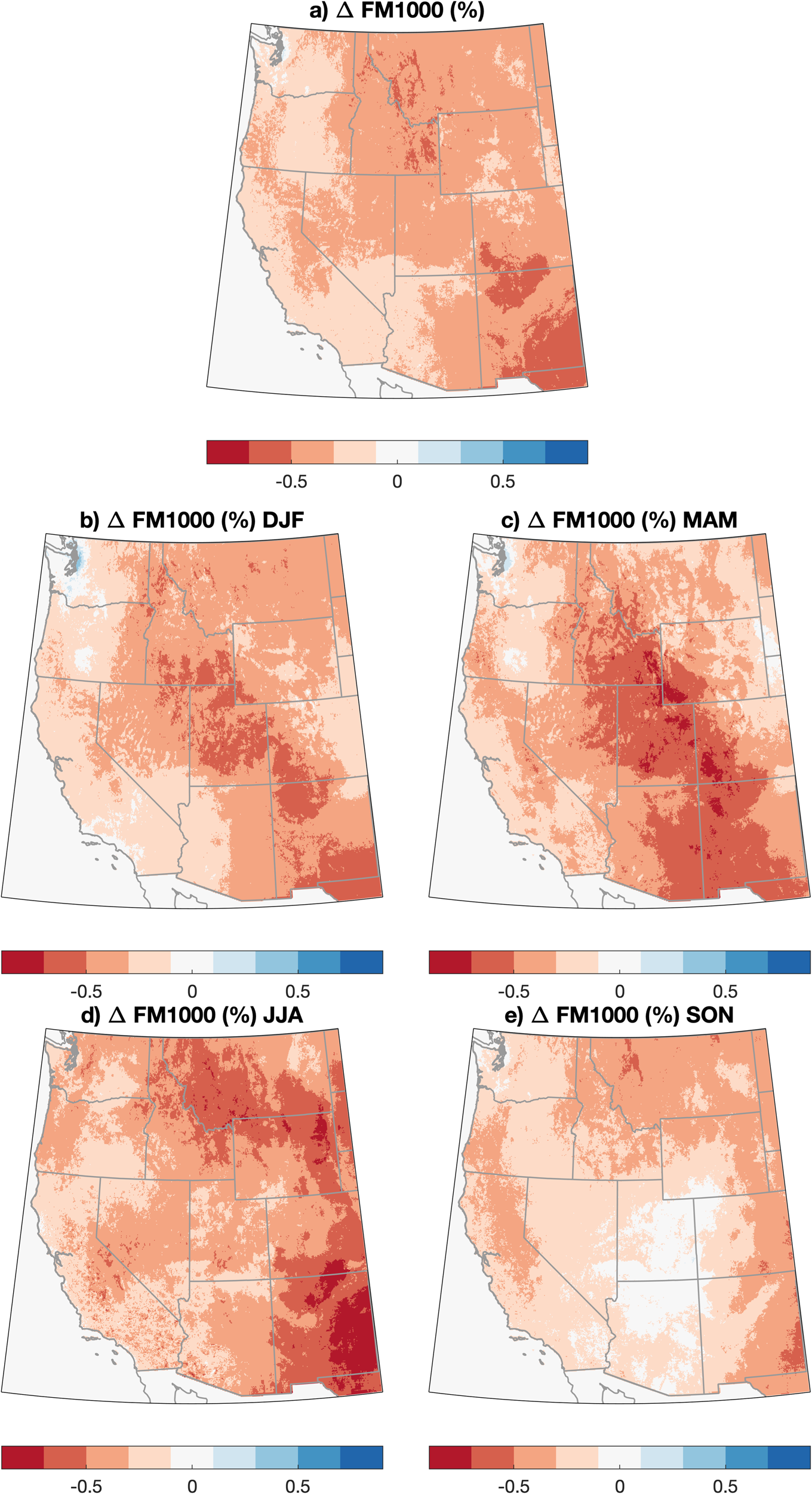 Fig. 5: Maps of projected change in 1000-h dead fuel moisture across the WUS, 2021–2060 vs. 1981–2020.