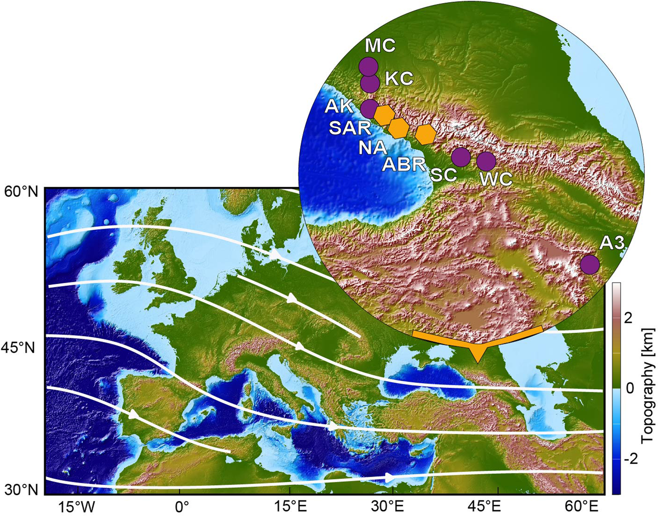 Fig. 1: Cave and archeological sites in the Caucasus.