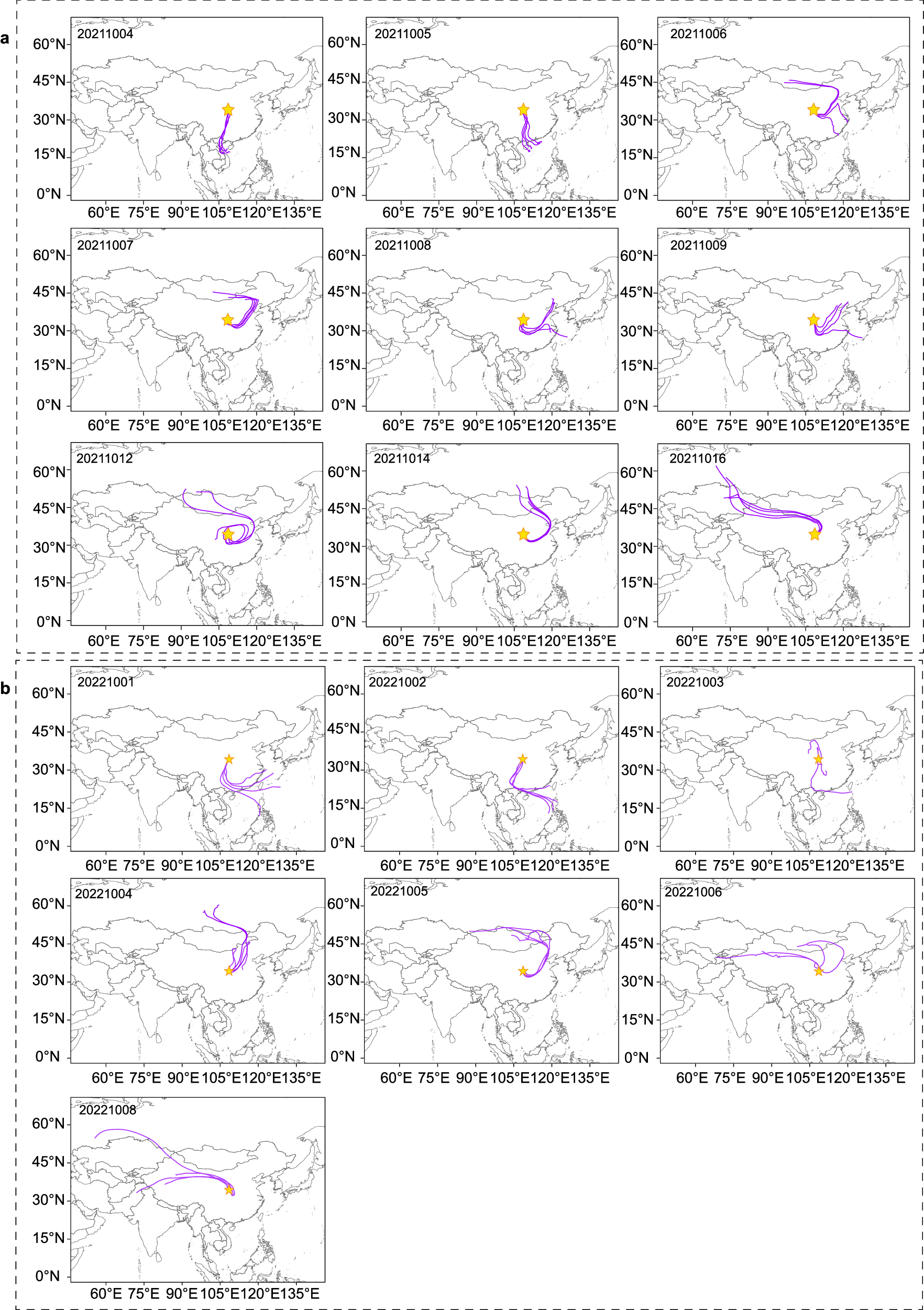 Fig. 2: Back-trajectories starting at Xi’an for each West China Autumn Precipitation event in 2021 and 2022.
