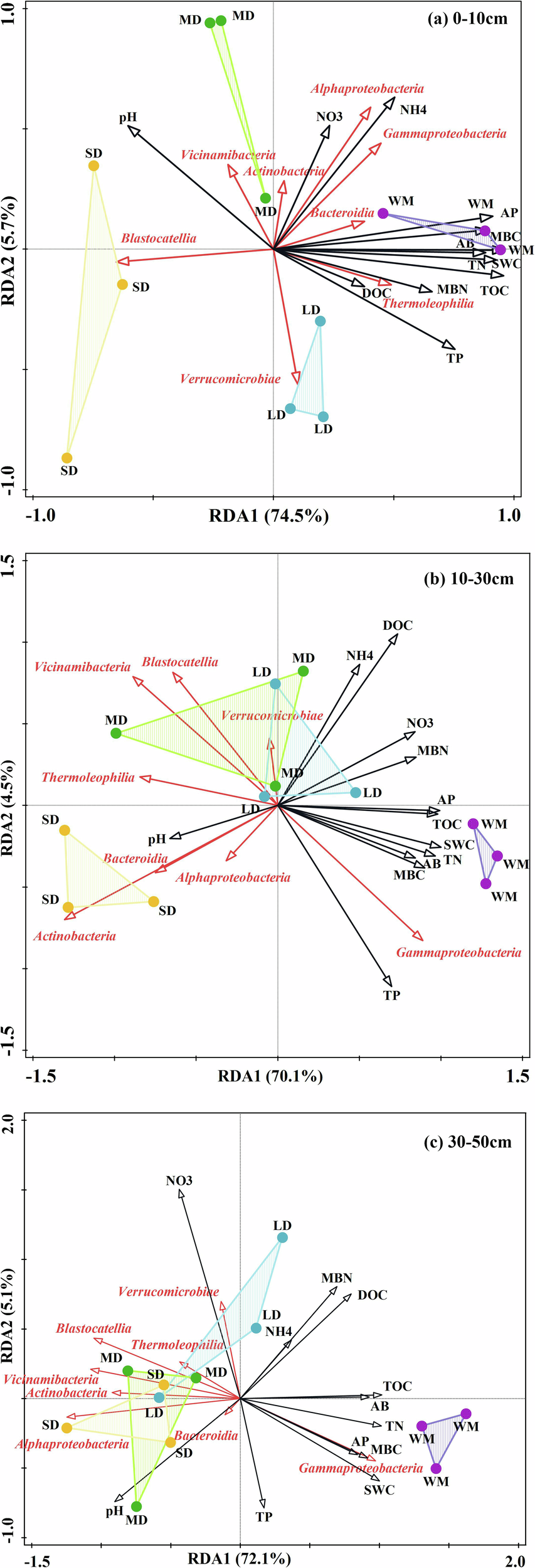Fig. 5: Relationships between soil properties and the main microbial classes of bacterial community at different soil depths under different degradation levels.