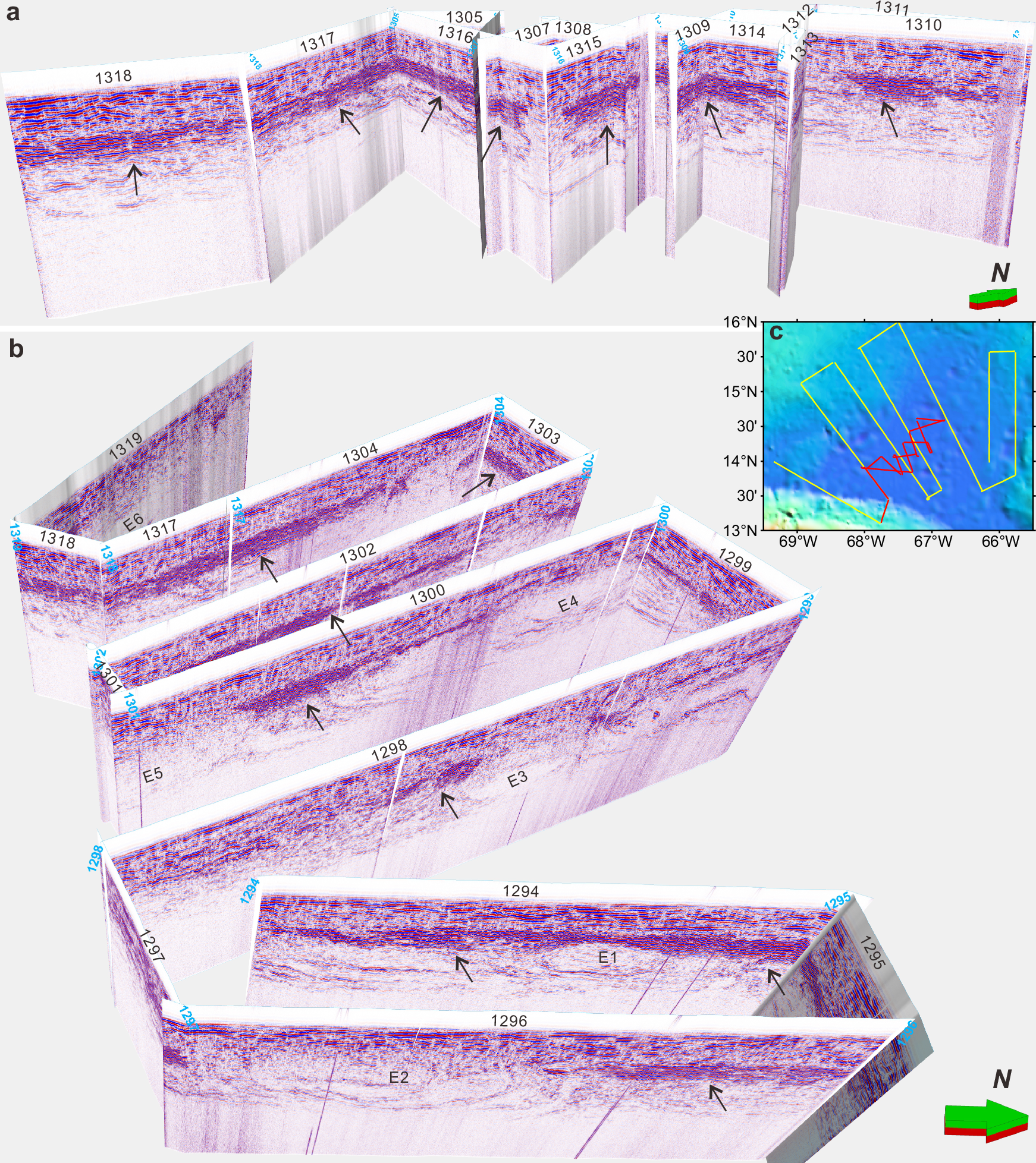 Fig. 3: Three-dimensional view of seismic images from the expedition EW9501.