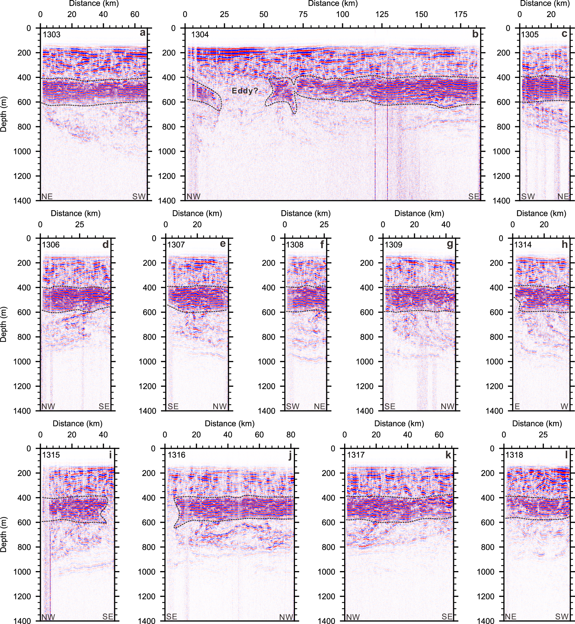 Fig. 4: Seismic images of coherent thermohaline staircases.