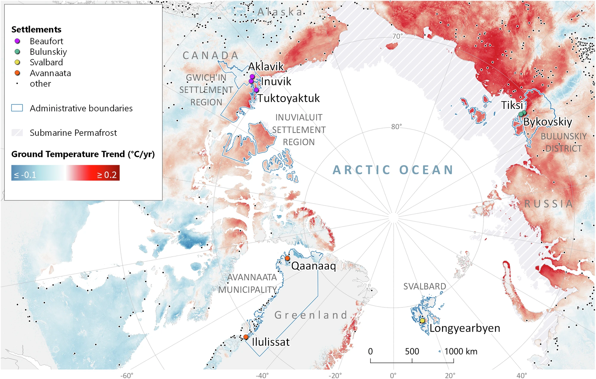 Mapa das áreas de estudo e tendências na temperatura do solo no período 2000-2019