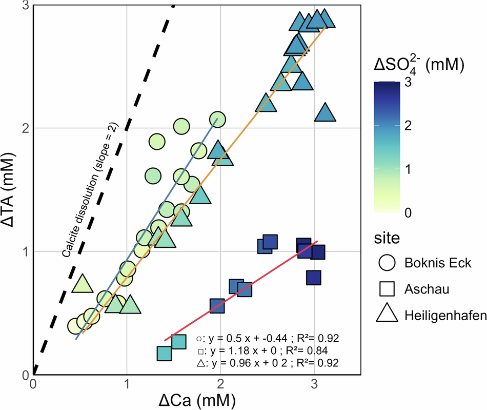 Fig. 4: ΔTA versus ΔCa for the oxic incubations.