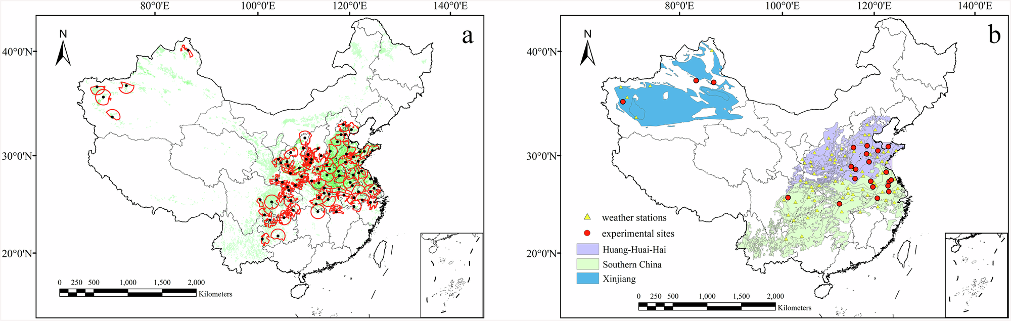 Fig. 3: Selected reference weather stations (RWS) and the experimental sites in the three main wheat producing areas (Huang-Huai-Hai, Southern China, and Xinjiang) of China.