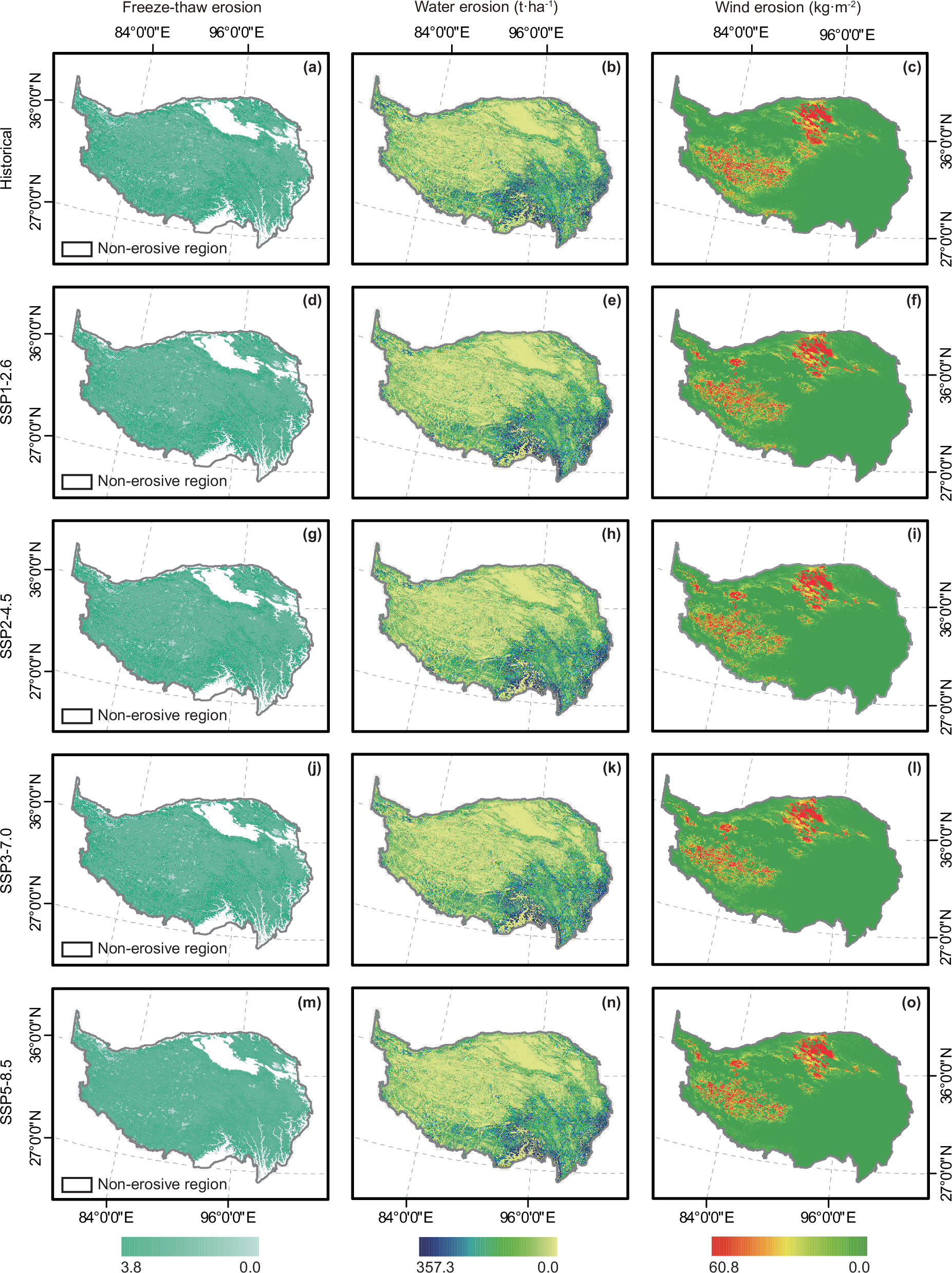 Fig. 1: Spatial distributions of three types of soil erosion on the Qinghai-Tibetan Plateau.