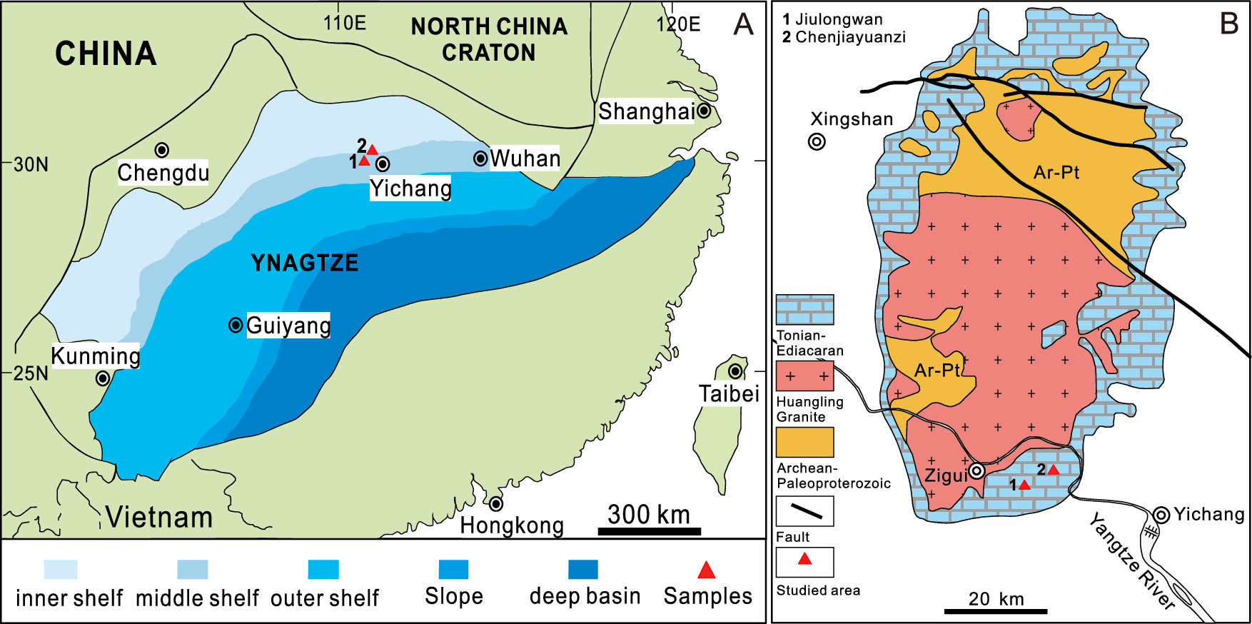 Fig. 1: Paleogeographic and geological maps of the Ediacaran Doushantuo Formation in South China.