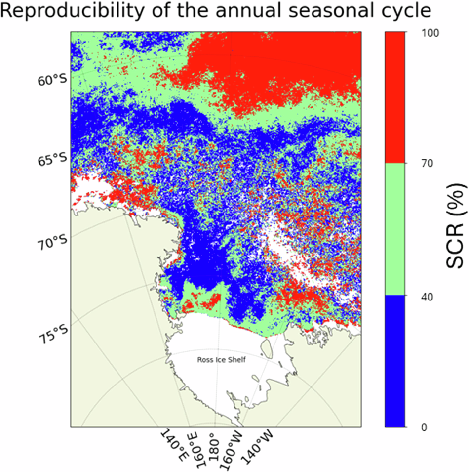 Fig. 5: Reproducibility of the annual seasonal cycle of chl-a (SCR, in %) as an indicator of interannual variability between 1998 and 2022 (based in Thomalla et al., 2023).