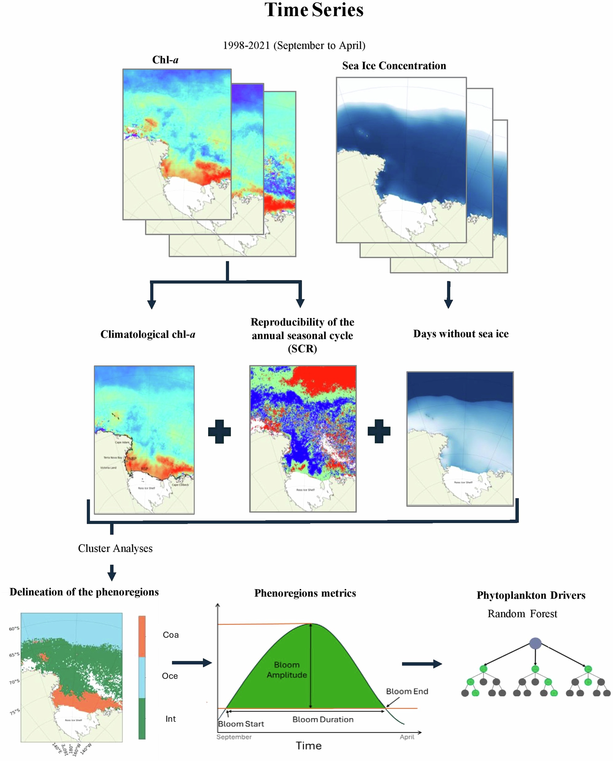 Fig. 9: Flow diagram representing the different steps (top to bottom) involved in the partition of the Ross Sea area into three phenoregions.