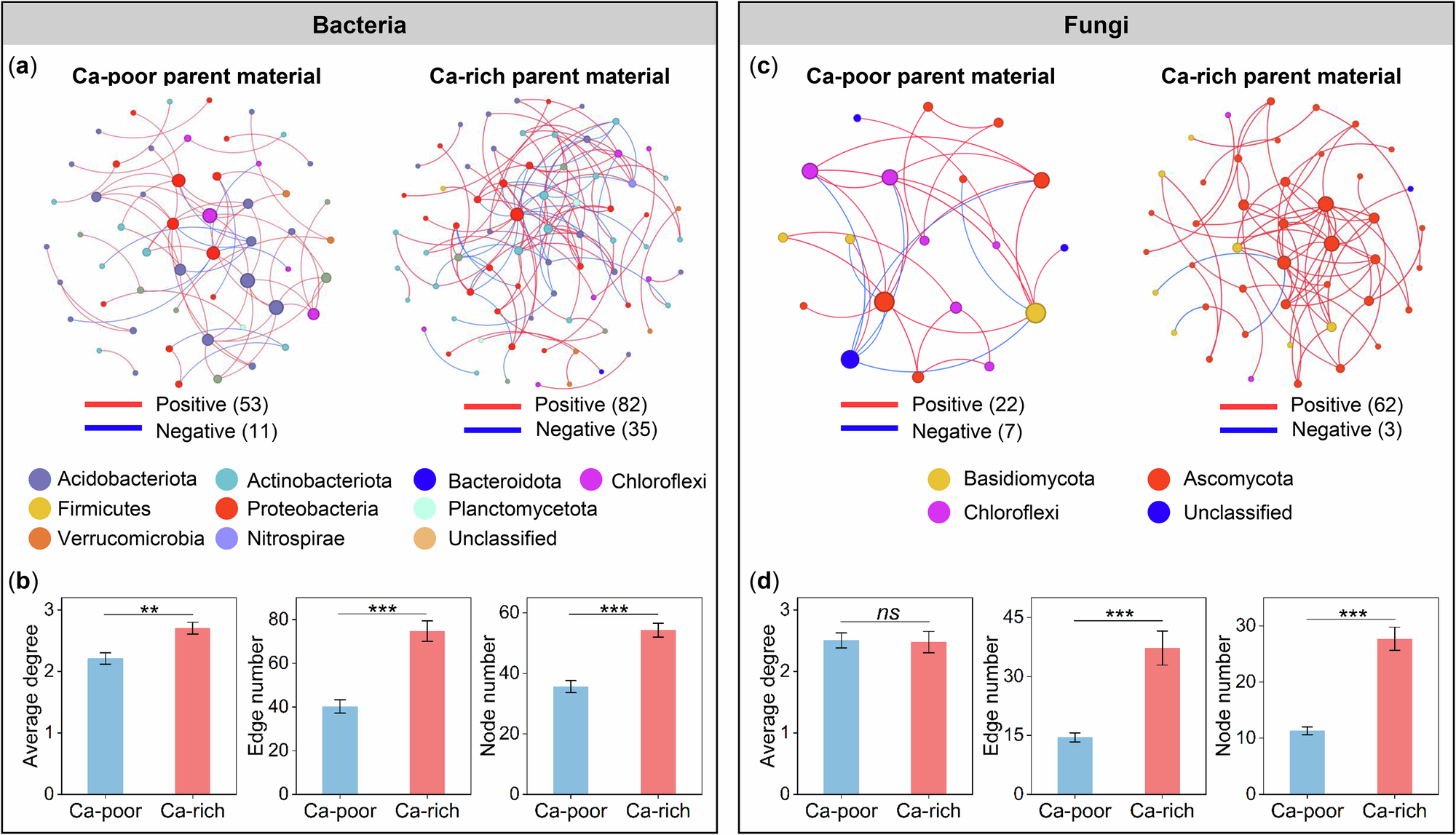 Fig. 3: Microbial network complexity in soils derived from Ca-rich and Ca-poor parent materials.