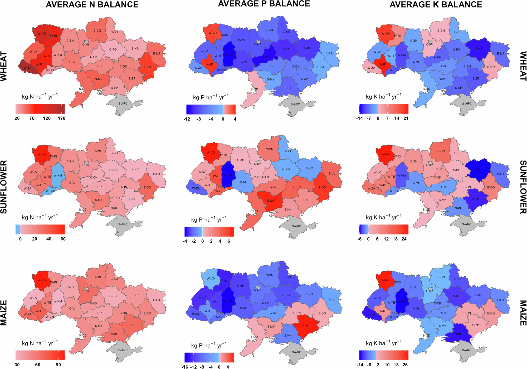 Fig. 4: Average annual N, P and K input-output balances for wheat, sunflower and maize per county in Ukraine over 2019-2021, pre-war years.