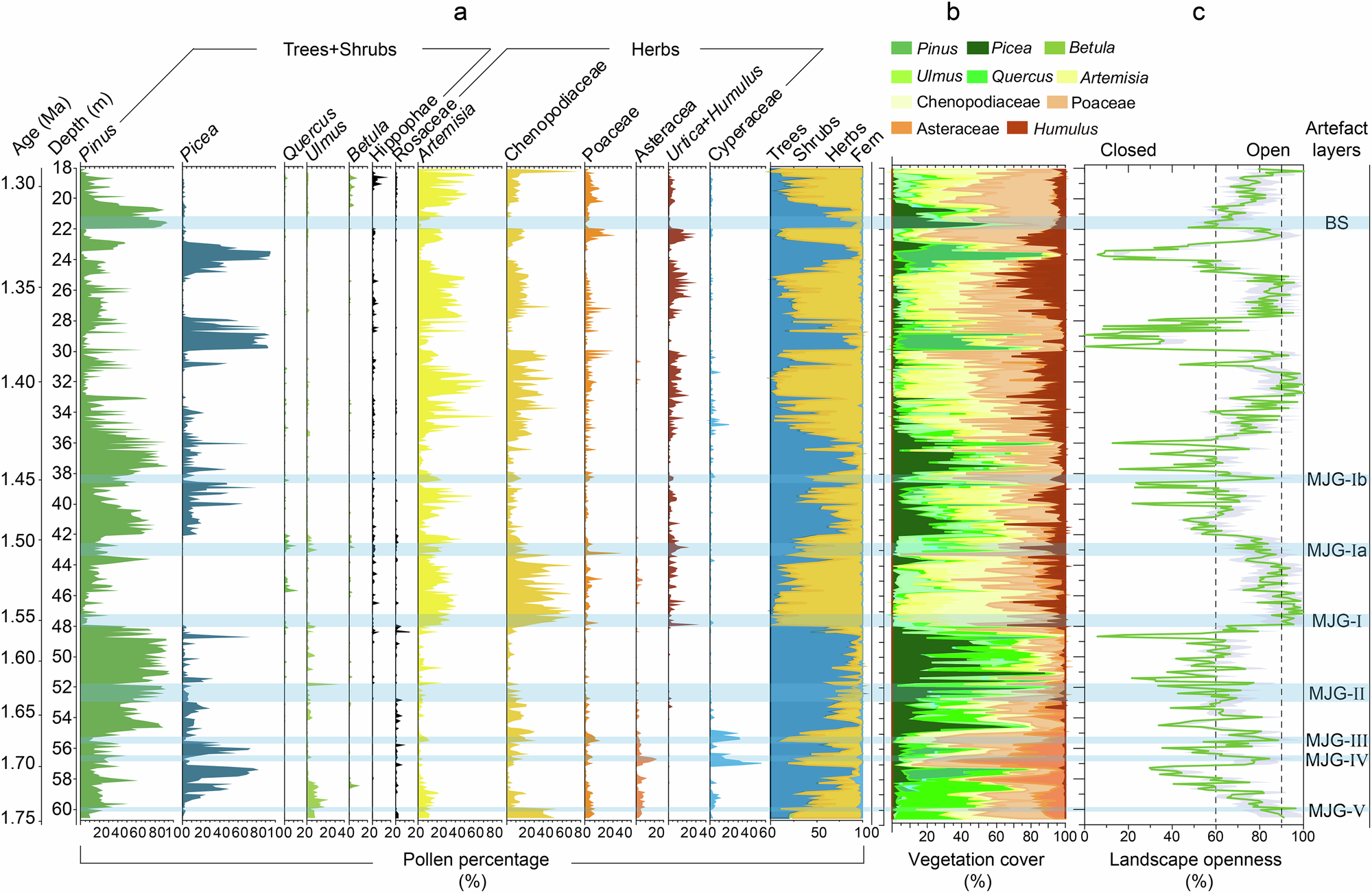 Fig. 4: Changes in vegetation cover and landscape openness during the early Pleistocene at the MJG site.