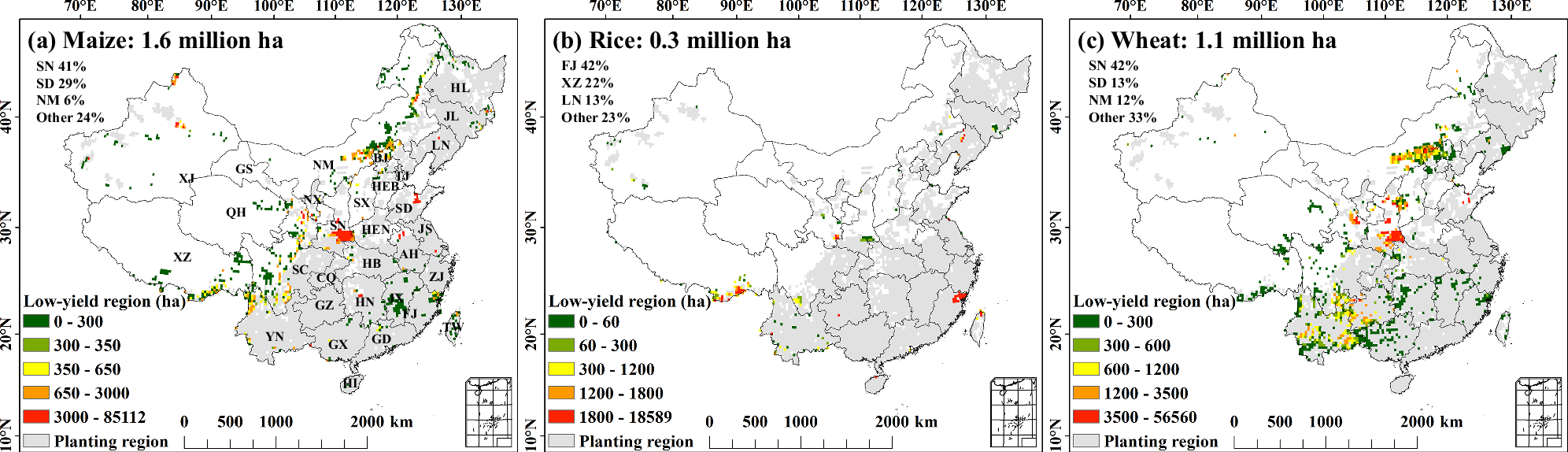 Fig. 1: Distribution of low-yield regions for staple grain crops.