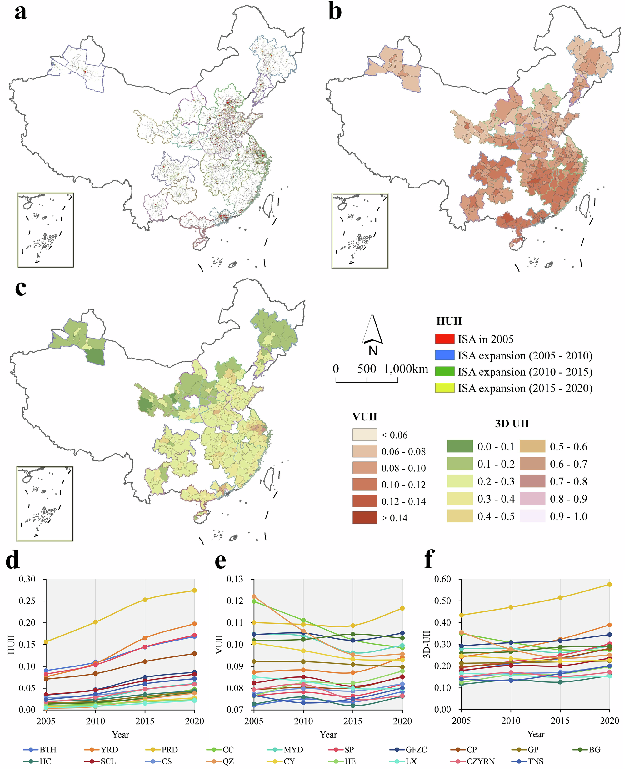 Fig. 1: Spatiotemporal patterns of 3D urbanization in China’s urban agglomerations.