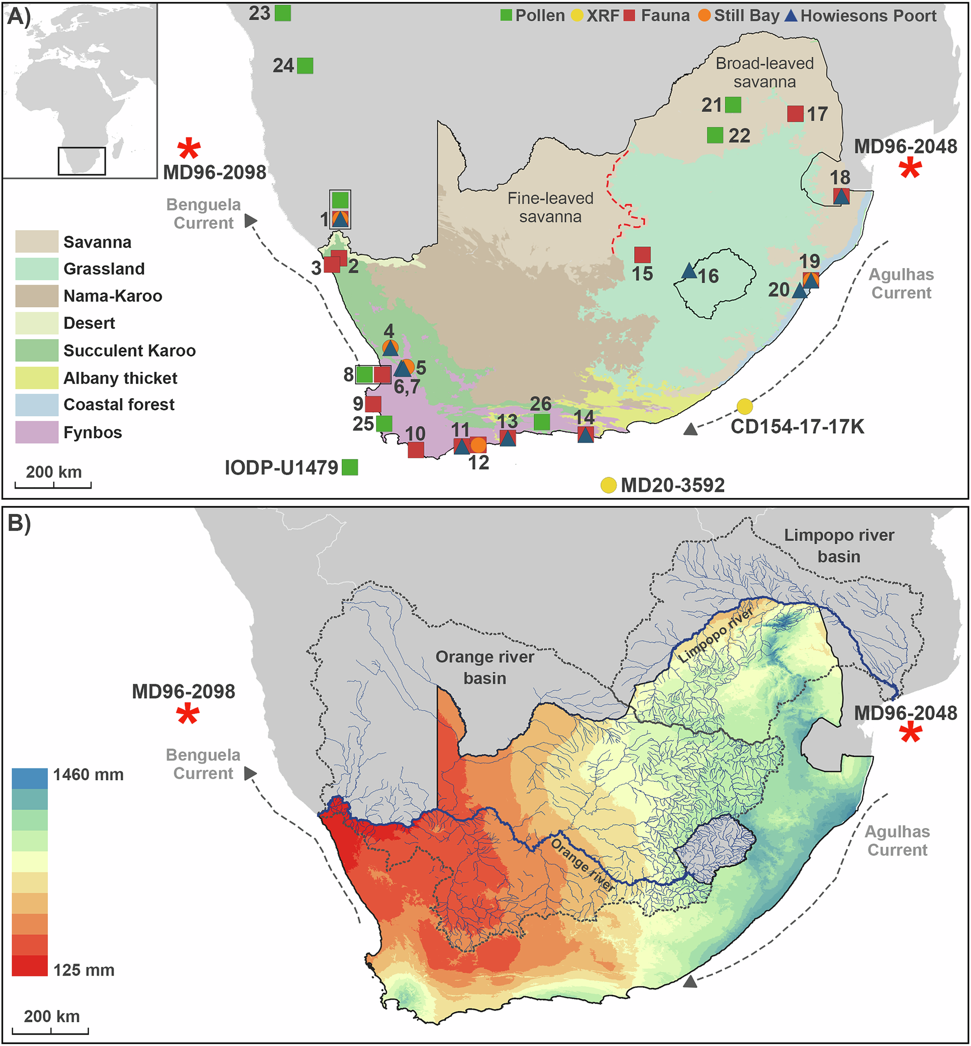 Fig. 1: Biomes, precipitation distribution across southern Africa, river basins and sites mentioned in the text.