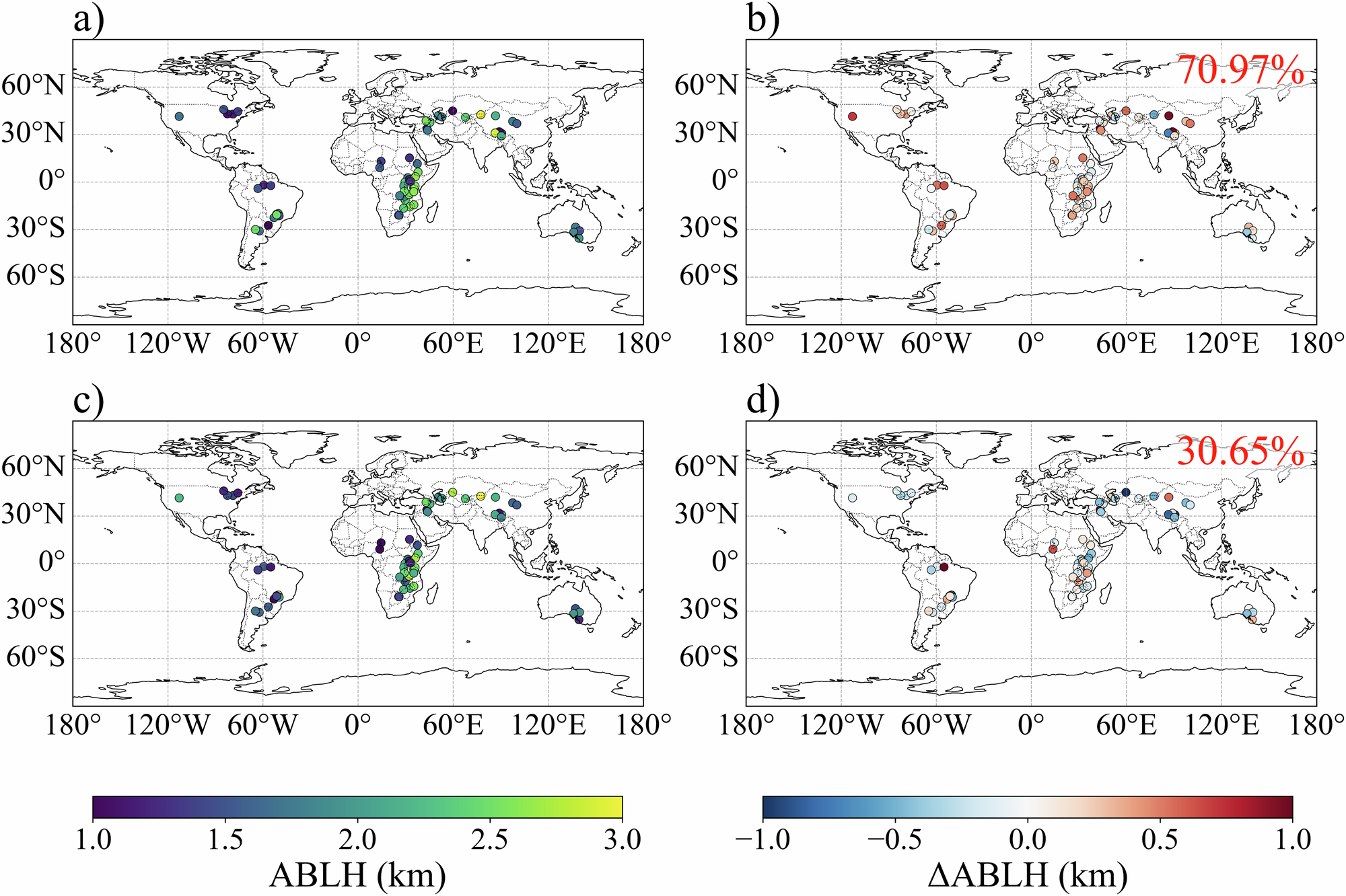 Fig. 1: Spatial patterns of ABLH and its lake-induced variations across global large inland lake regions.