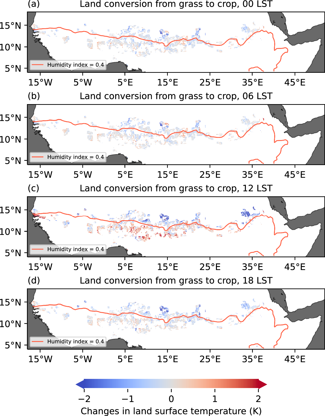 Fig. 2: Maps of diurnal cropland biophysical impacts on land surface temperature (ΔTs) over tropical Africa.