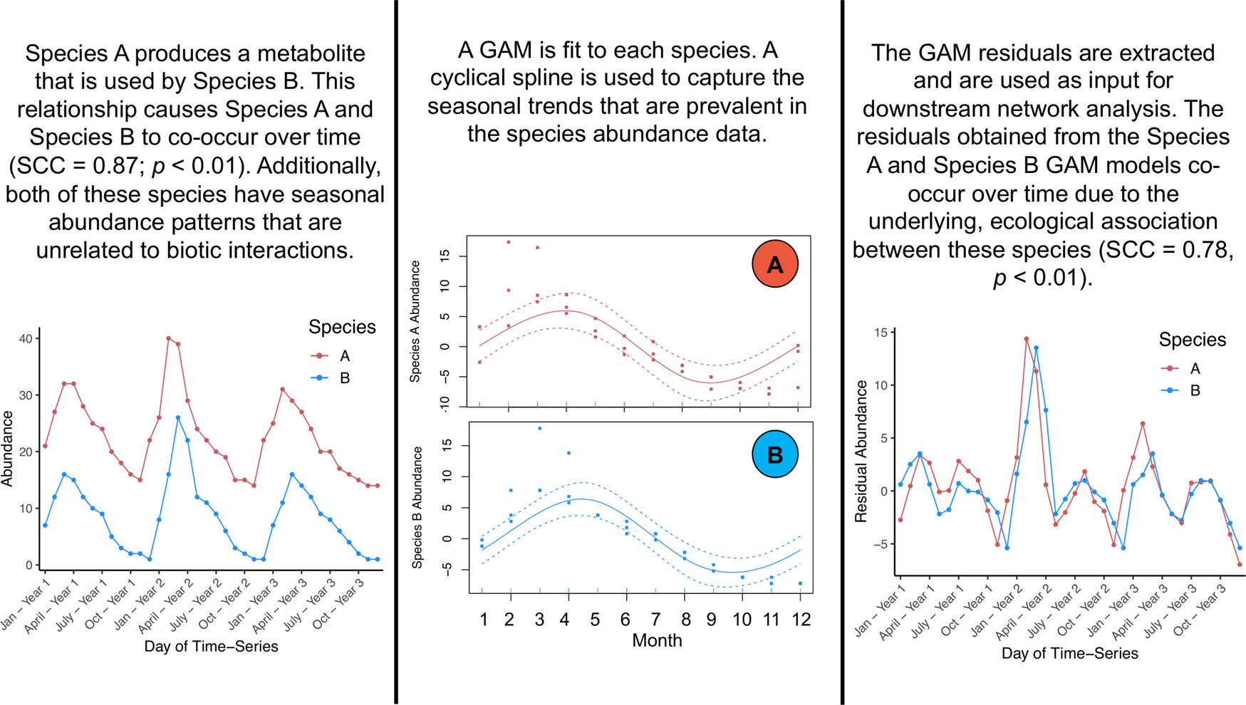 Fig. 2: A conceptual figure that demonstrates how the GAM transformation can remove seasonal signals while preserving ecologically relevant species co-occurrence patterns.