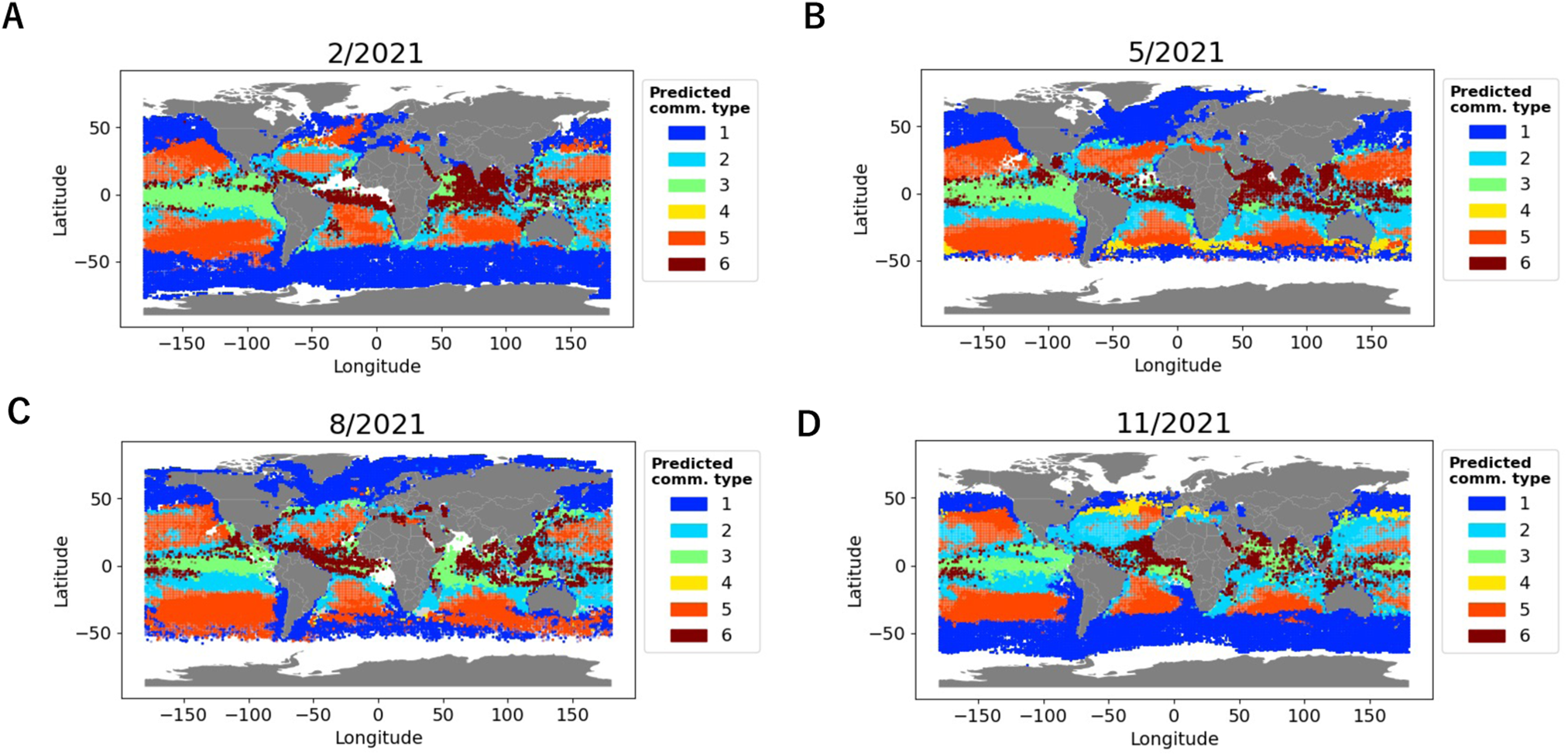 Fig. 6: Spatiotemporal distribution of community types predicted from satellite-derived parameters.