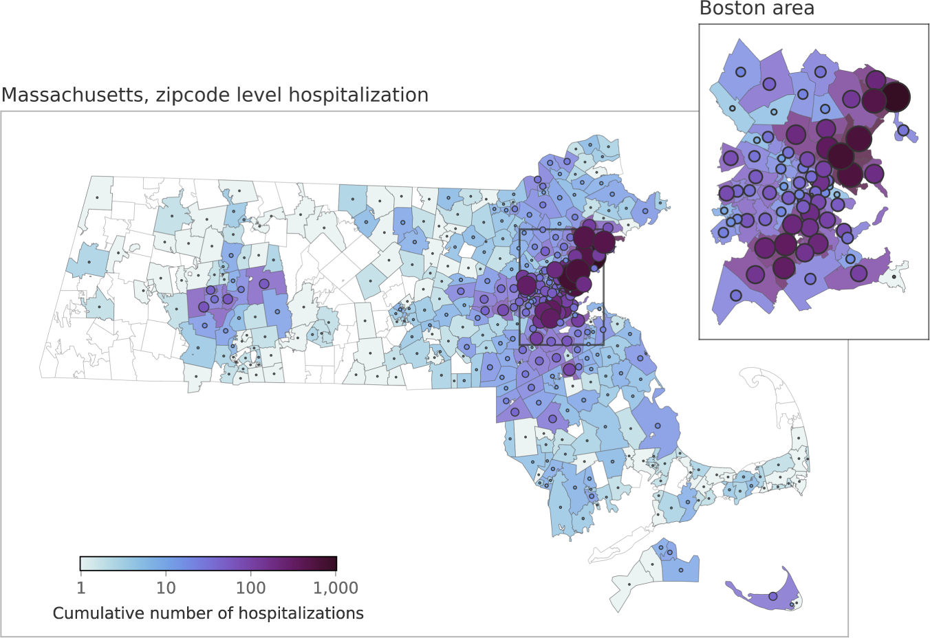 Fig. 1: Home address distribution for COVID-19 Primary admissions by ZIP code (Massachusetts only).