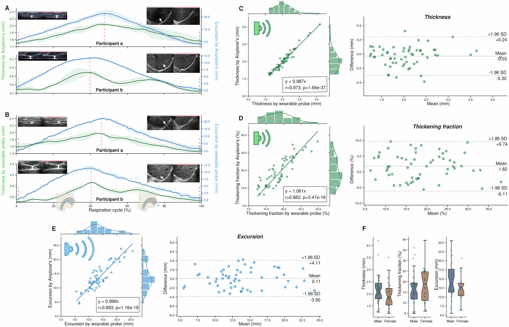 Fig. 3: Diaphragm monitoring during respiration and validity study.