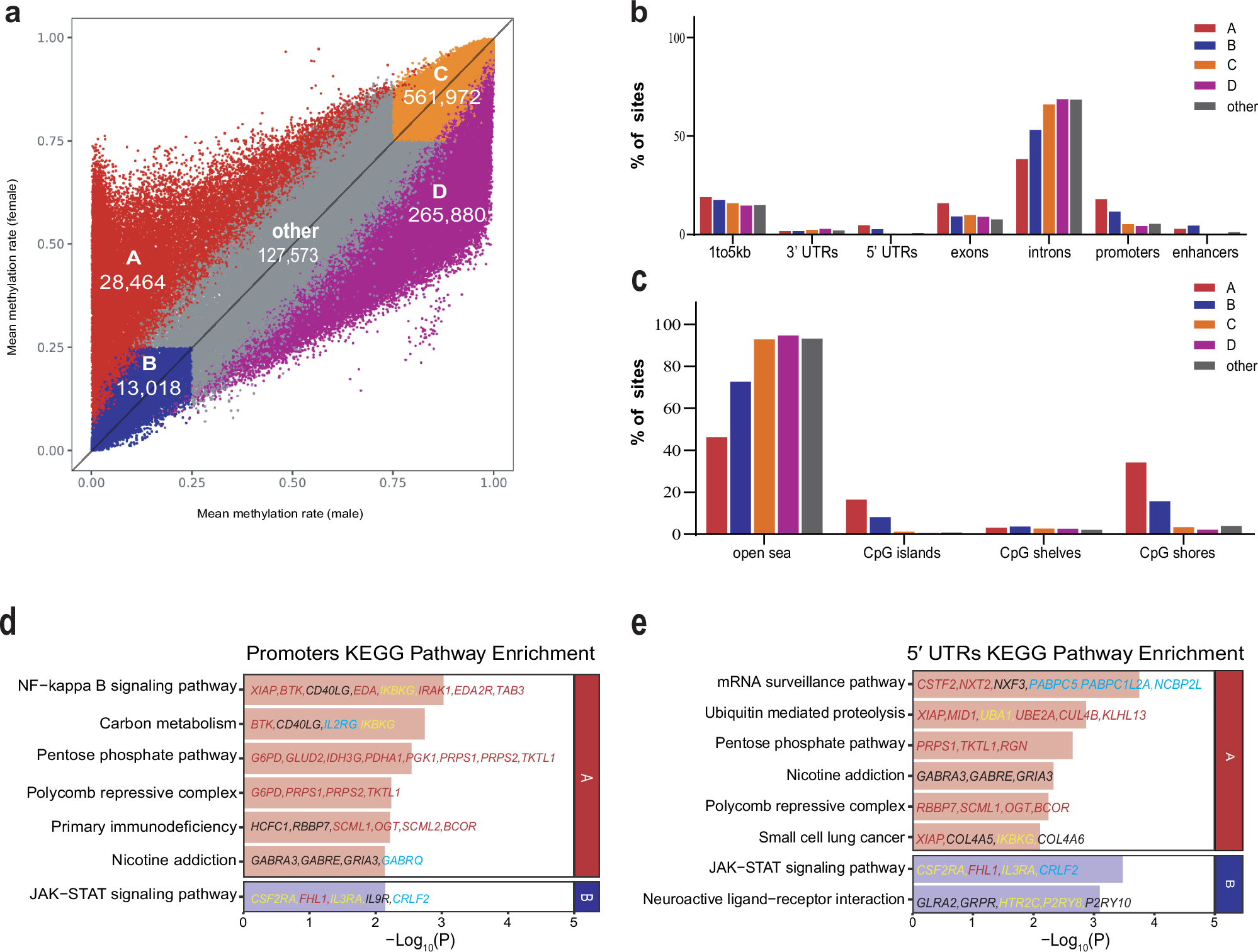 Fig. 4: Characterization of X-chromosome sex-associated CpGs, genes and pathways.