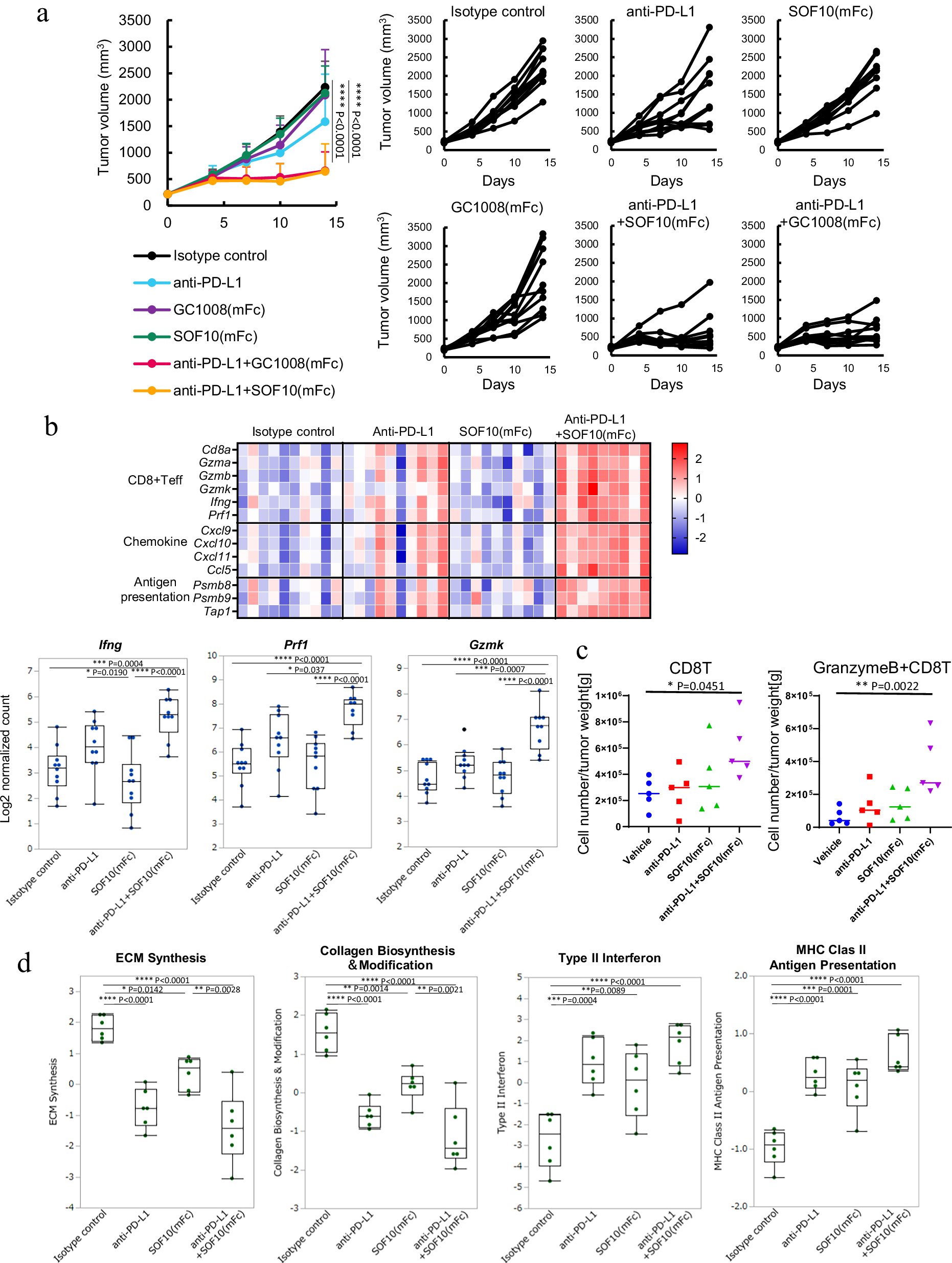 Fig. 5: Efficacy of SOF10 (mFc) combined with an anti-PD-L1 in an EMT6 immune-excluded tumor model.